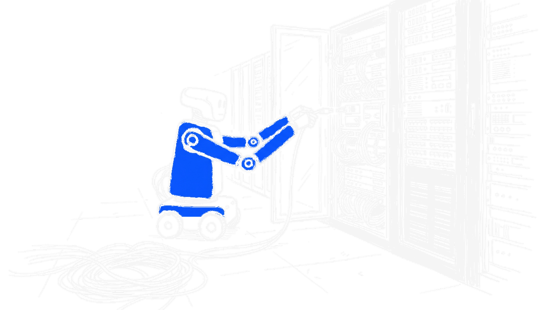 Illustration eines elektroblauen Roboters mit zwei Greifarmen, der ein Netzwerkkabel in einen offenen Serverschrank steckt, kinewsletter.ch Stil