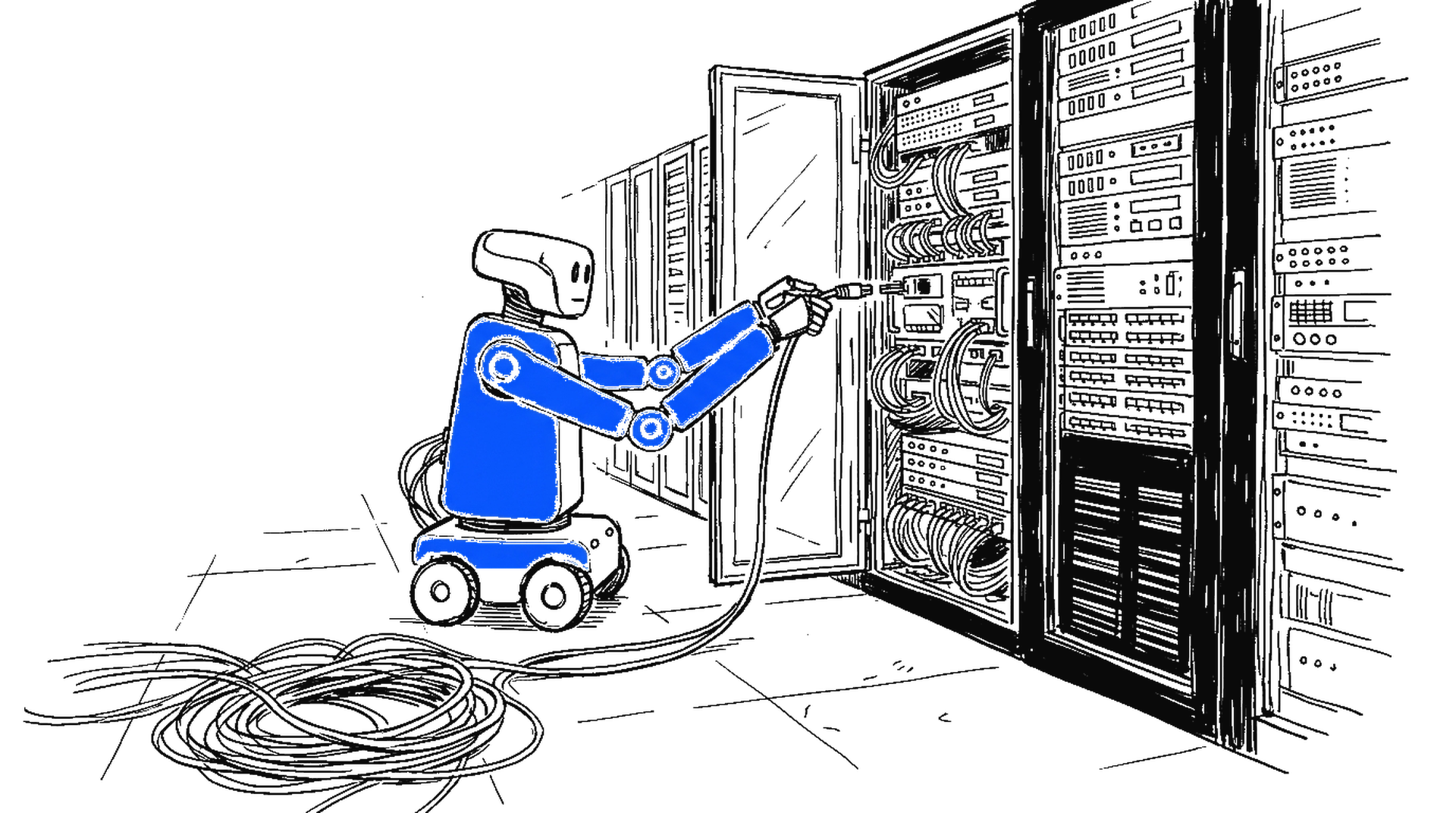 Illustration eines elektroblauen Roboters mit zwei Greifarmen, der ein Netzwerkkabel in einen offenen Serverschrank steckt, kinewsletter.ch Stil