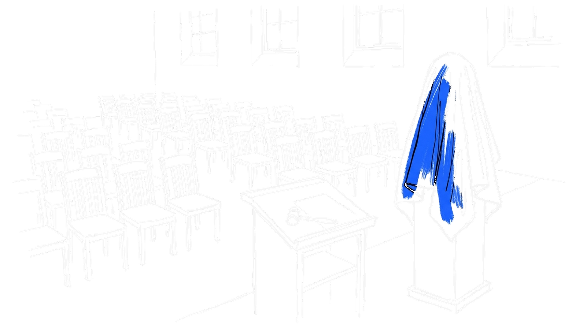Illustration eines leeren Auktionssaals mit Rednerpult und verhülltem Objekt auf einem Podest, kinewsletter.ch Stil