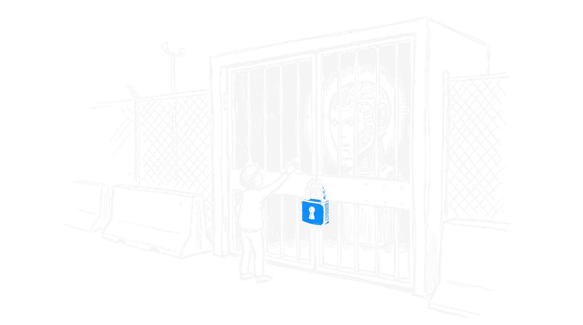 Handgezeichnete Skizze eines KI-Roboterkopfs hinter einem verschlossenen vergitterten Tor mit grossem Vorhaengeschloss, davor eine ausgesperrte Person, mit elektroblauem Akzent (Dark Mode)