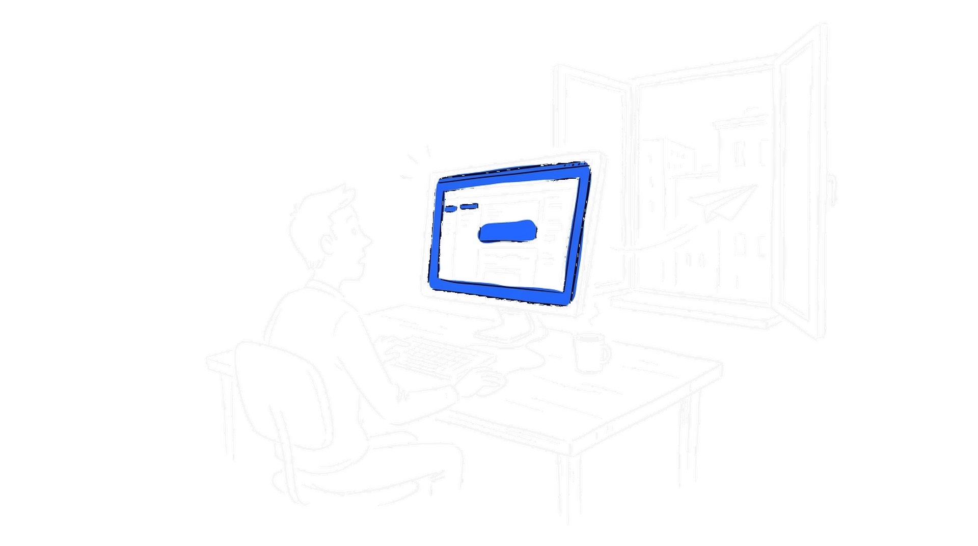 Illustration Dark Mode: Person am Schreibtisch, Monitor schaltet sich wieder ein – kinewsletter.ch Stil