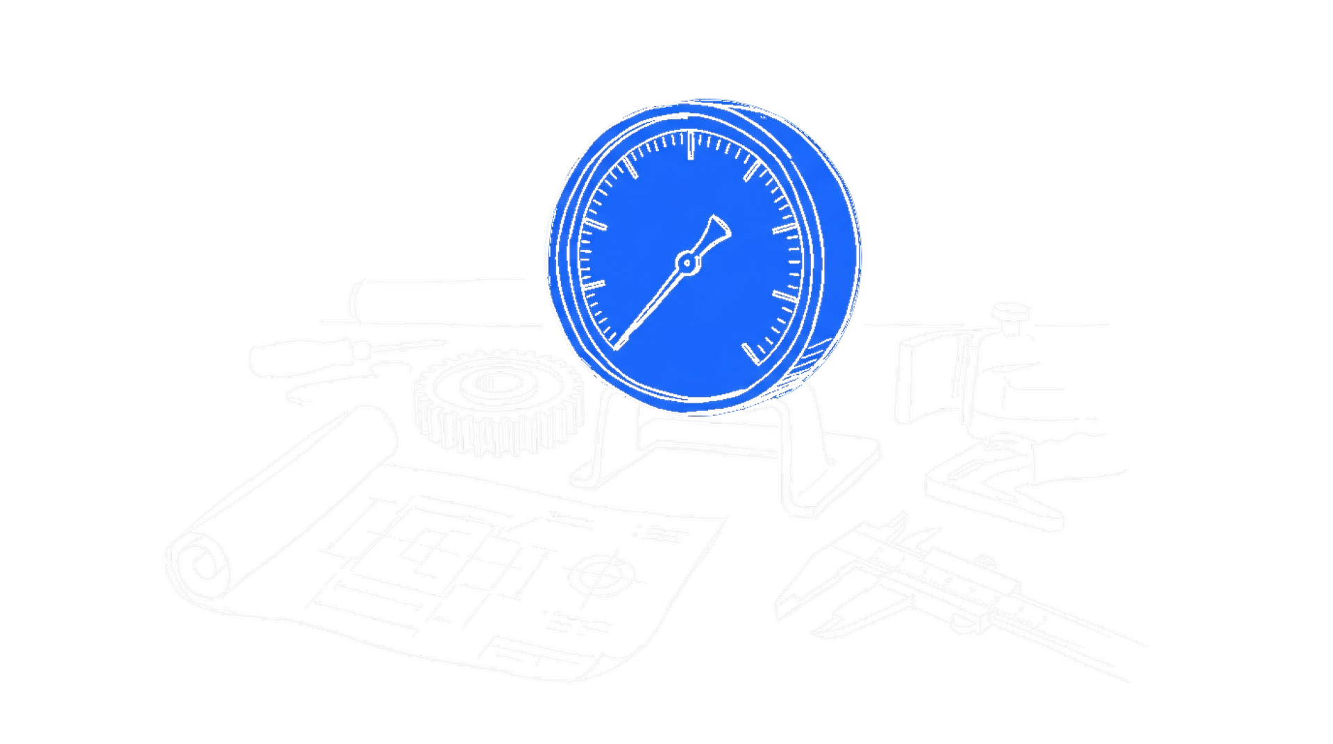 Illustration einer blauen Praezisions-Messuhr mit Zahnrad und technischen Zeichnungen, kinewsletter.ch Stil