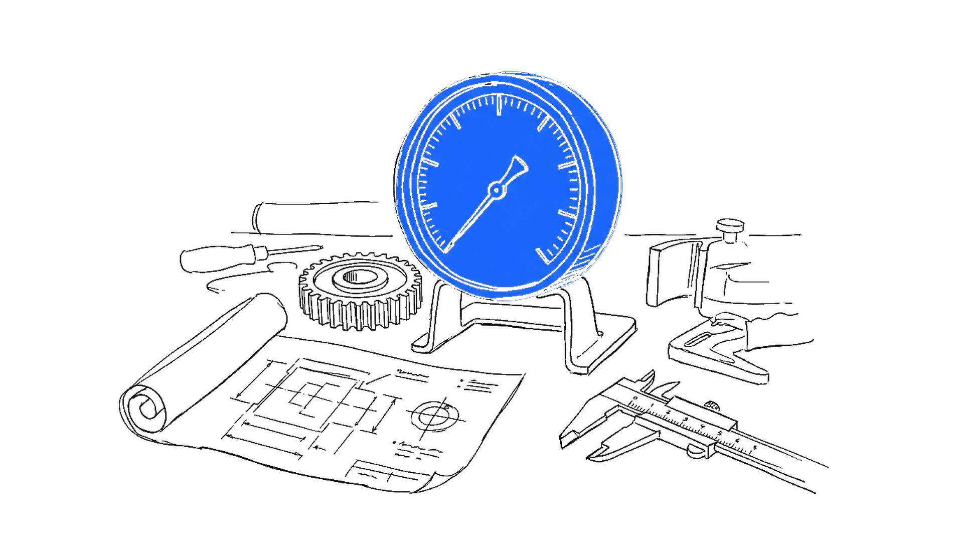 Illustration einer blauen Praezisions-Messuhr mit Zahnrad und technischen Zeichnungen, kinewsletter.ch Stil