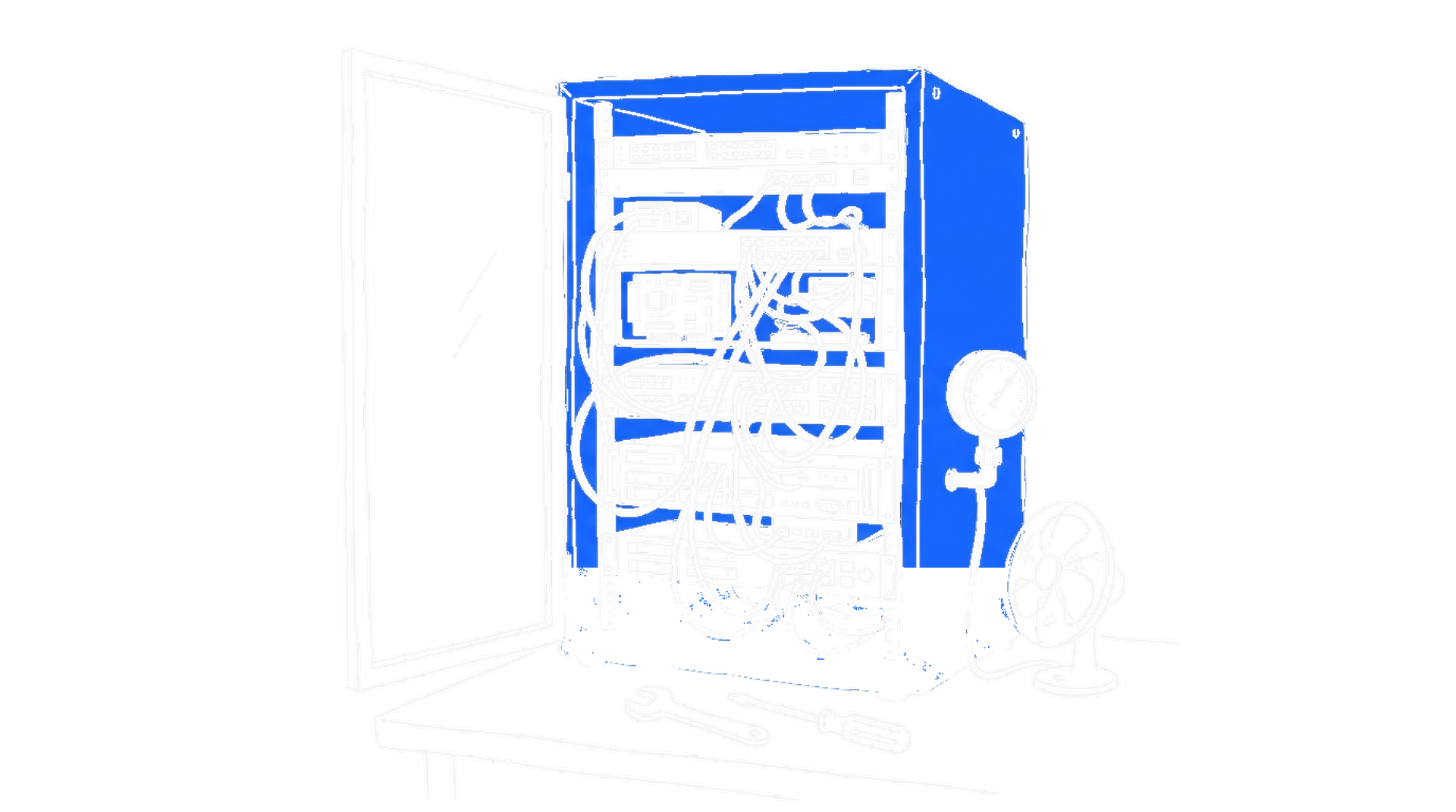 Illustration eines offenen blauen Server-Racks mit Werkzeug auf einer Werkbank, kinewsletter.ch Stil