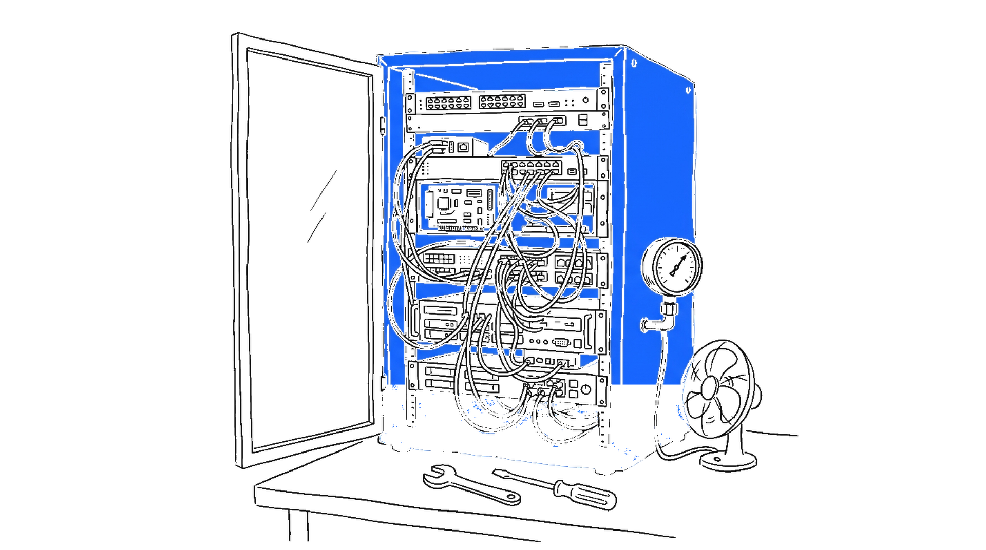 Illustration eines offenen blauen Server-Racks mit Werkzeug auf einer Werkbank, kinewsletter.ch Stil