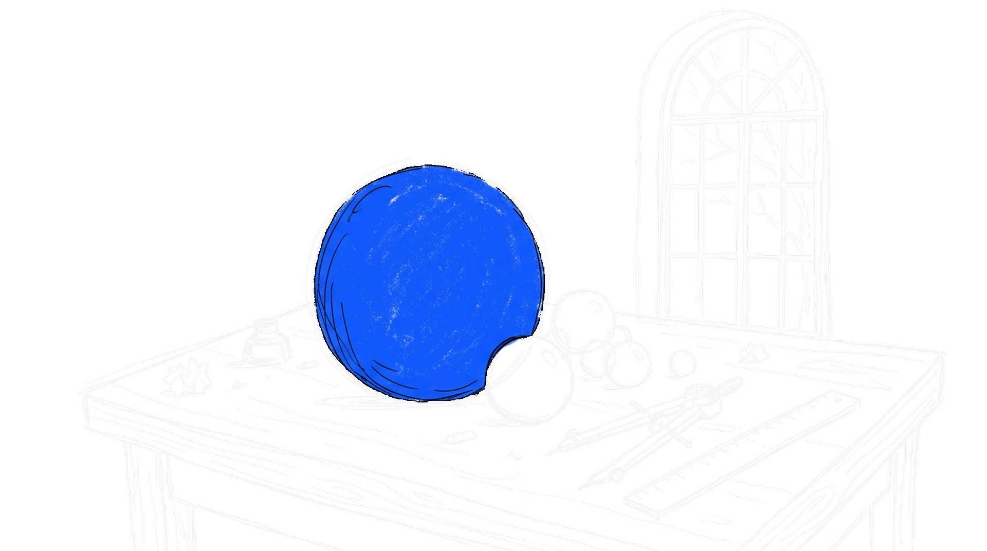 Illustration eines Studiertisches mit blauer Kugel, gepackten Kugeln, Zirkel und Lineal, kinewsletter.ch Stil