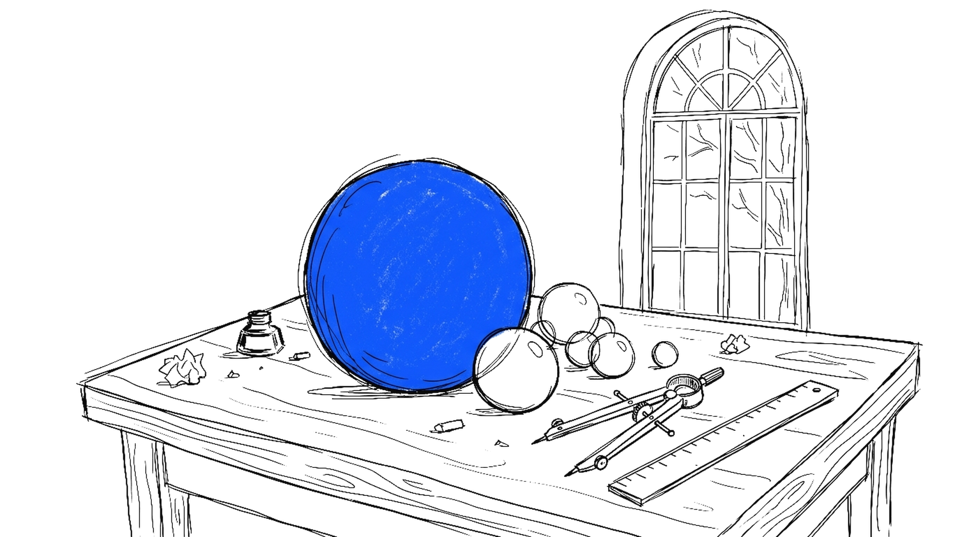 Illustration eines Studiertisches mit blauer Kugel, gepackten Kugeln, Zirkel und Lineal, kinewsletter.ch Stil