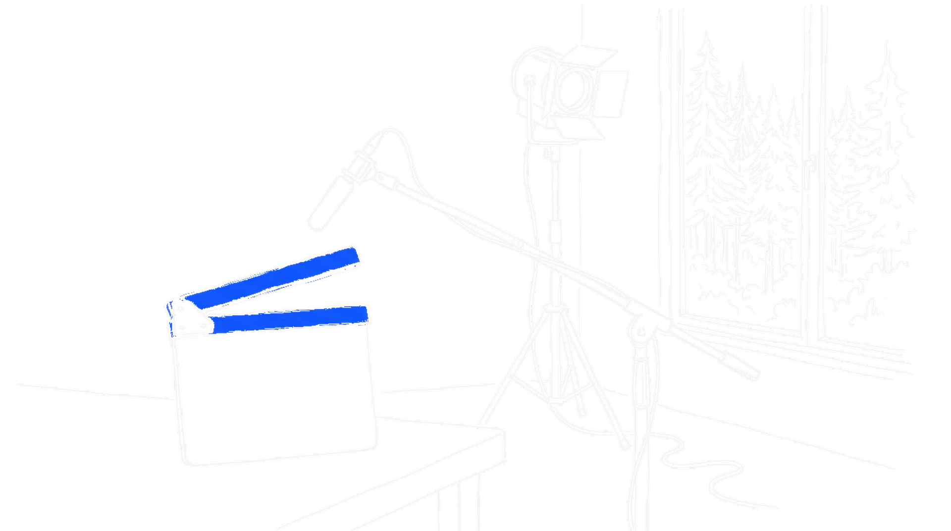 Illustration einer Filmklappe mit elektroblauen Balken neben Tonangel-Mikrofon und Scheinwerfer, im Hintergrund ein Fenster mit Schwarzwald-Tannen, kinewsletter.ch Stil