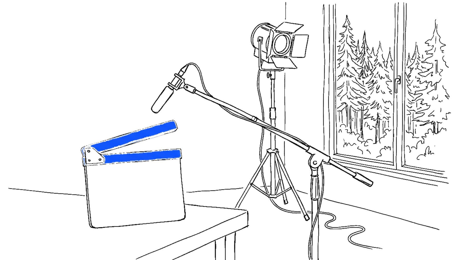 Illustration einer Filmklappe mit elektroblauen Balken neben Tonangel-Mikrofon und Scheinwerfer, im Hintergrund ein Fenster mit Schwarzwald-Tannen, kinewsletter.ch Stil