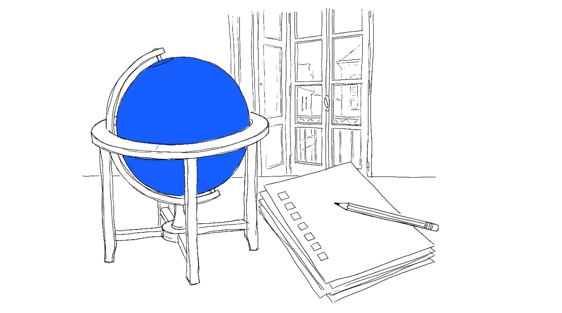Illustration eines Globus mit einem Fragebogen und Checkboxen, kinewsletter.ch Stil