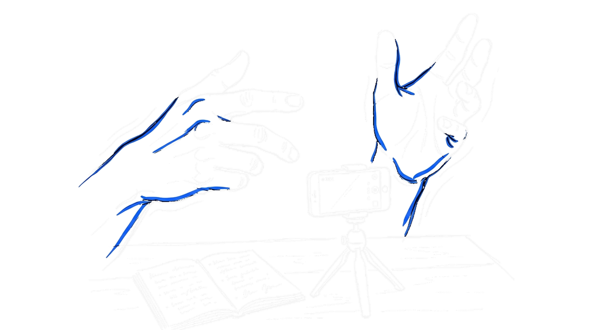 Illustration zweier gebärdender Hände vor einem Smartphone auf einem Ministativ, kinewsletter.ch Stil