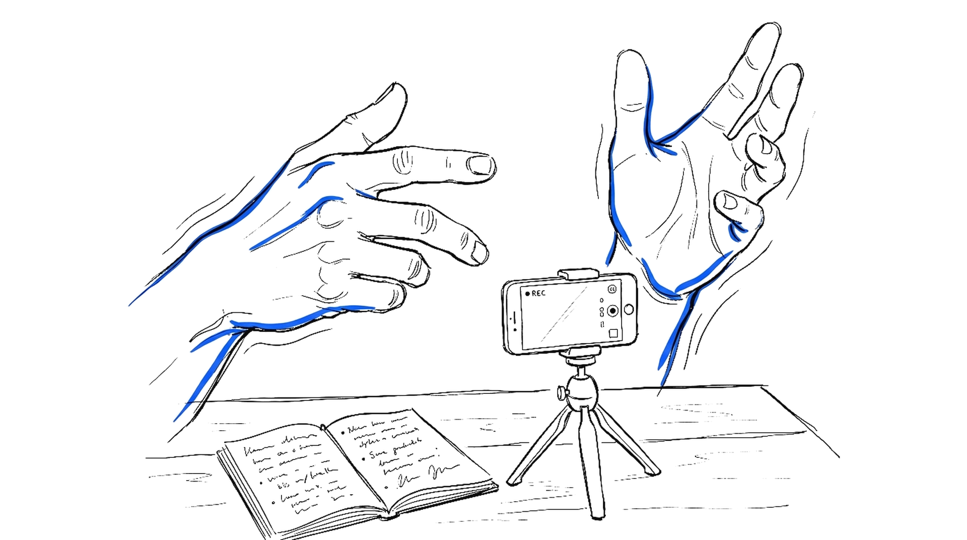 Illustration zweier gebärdender Hände vor einem Smartphone auf einem Ministativ, kinewsletter.ch Stil