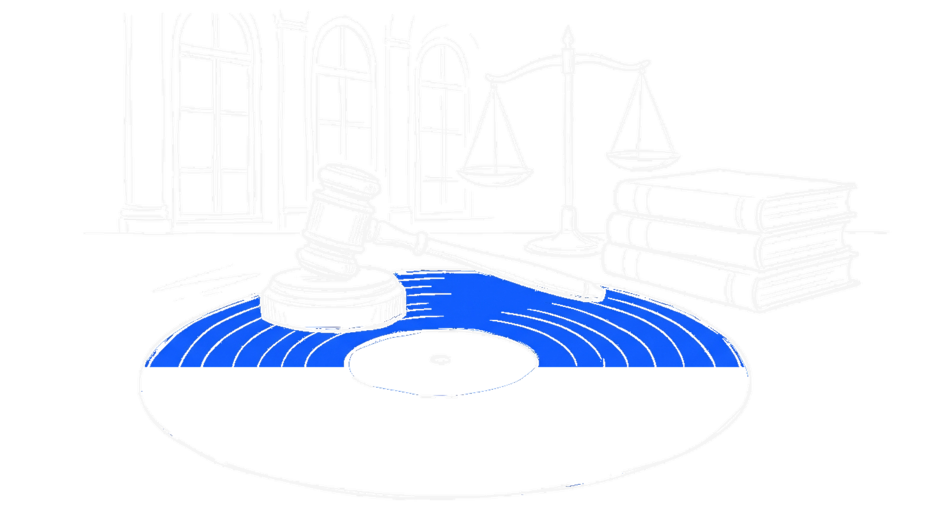 Illustration einer blauen Schallplatte mit Richterhammer, dahinter Justitia-Waage im Gerichtssaal, kinewsletter.ch Stil