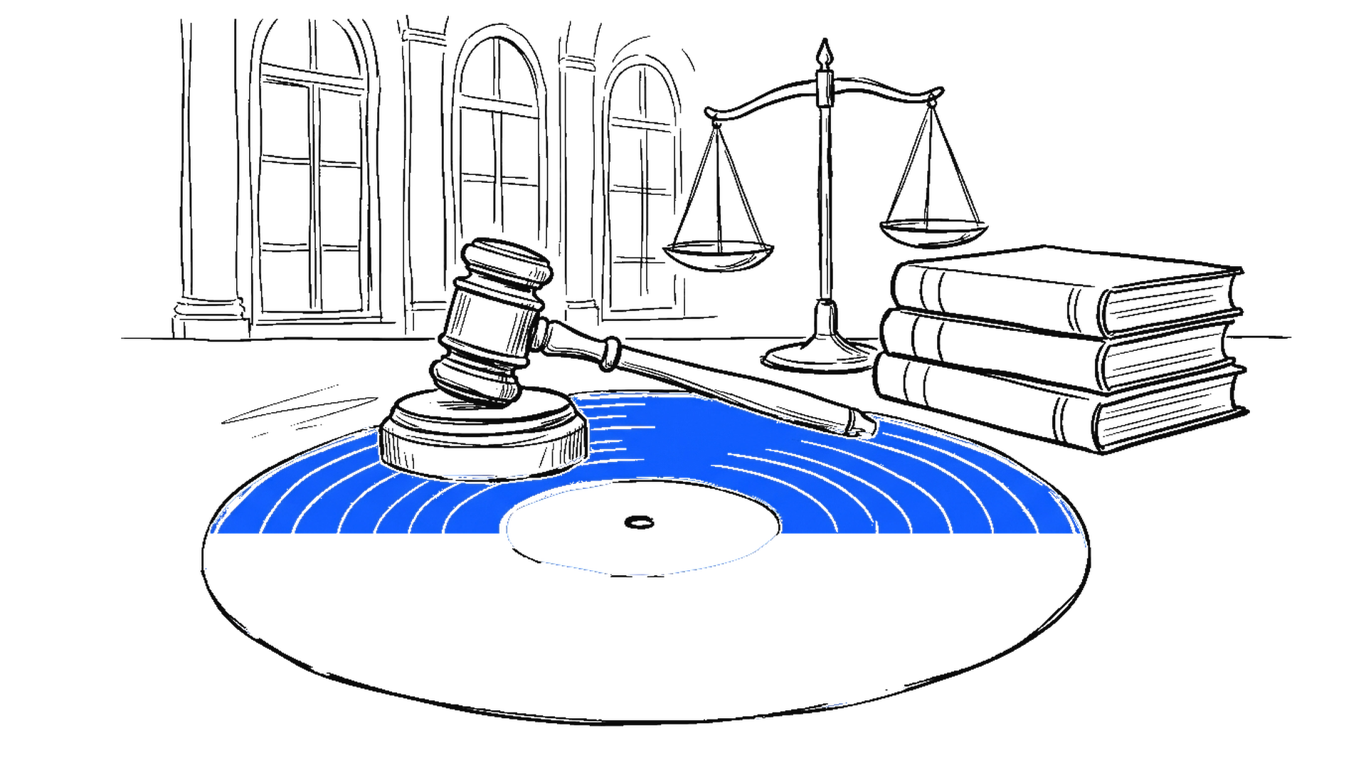 Illustration einer blauen Schallplatte mit Richterhammer, dahinter Justitia-Waage im Gerichtssaal, kinewsletter.ch Stil