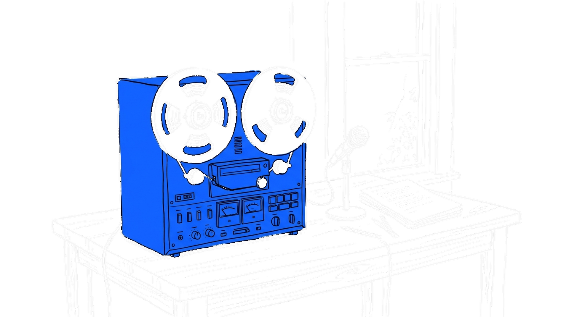 Illustration eines Tonbandgeräts mit Mikrofon und Papierstapel auf einem Tisch, kinewsletter.ch Stil