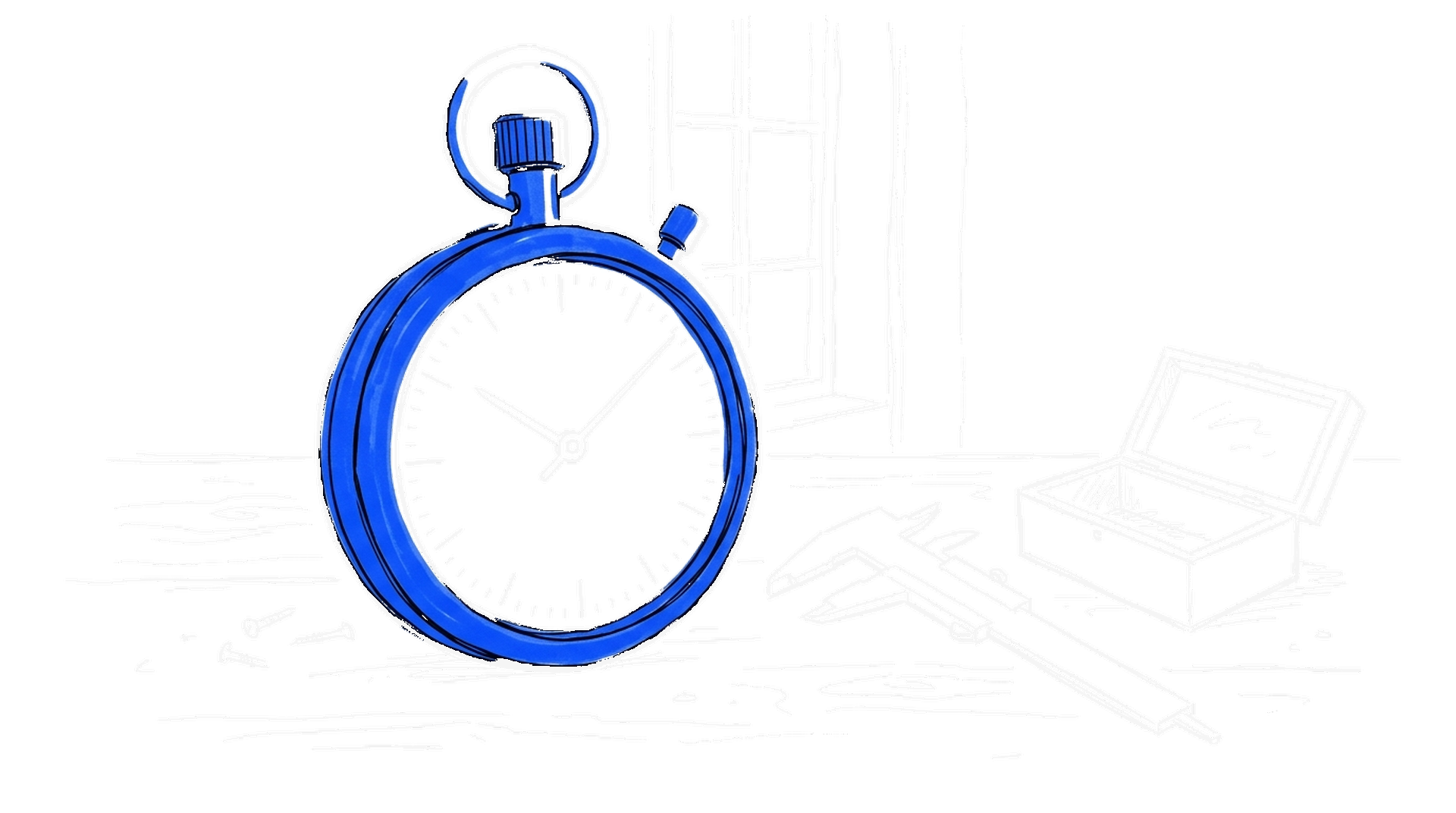 Illustration einer Stoppuhr mit blauem Gehäuse und einem Messschieber auf einer Werkbank, kinewsletter.ch Stil