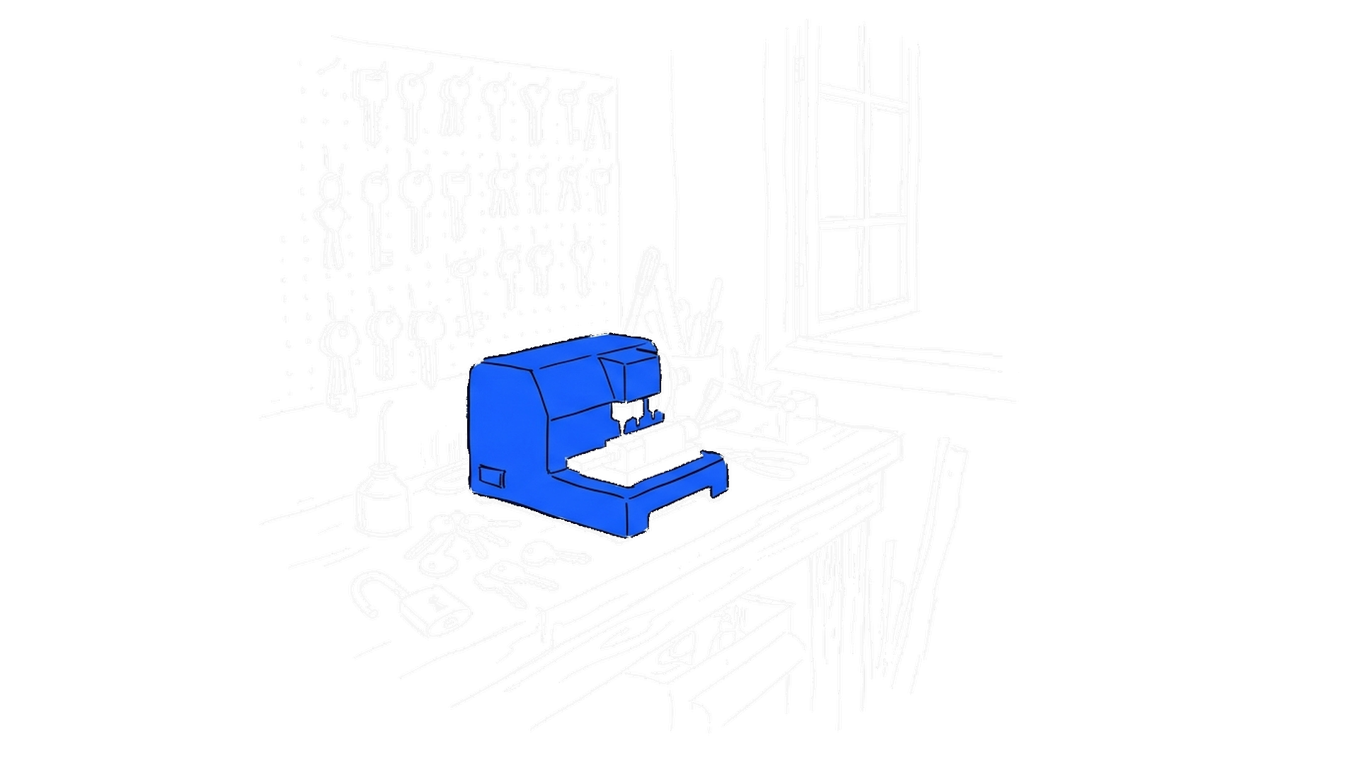 Illustration einer Schlüsselwerkstatt mit Schlüsselfräse, Rohlingen an der Wand und offenem Vorhängeschloss, kinewsletter.ch Stil