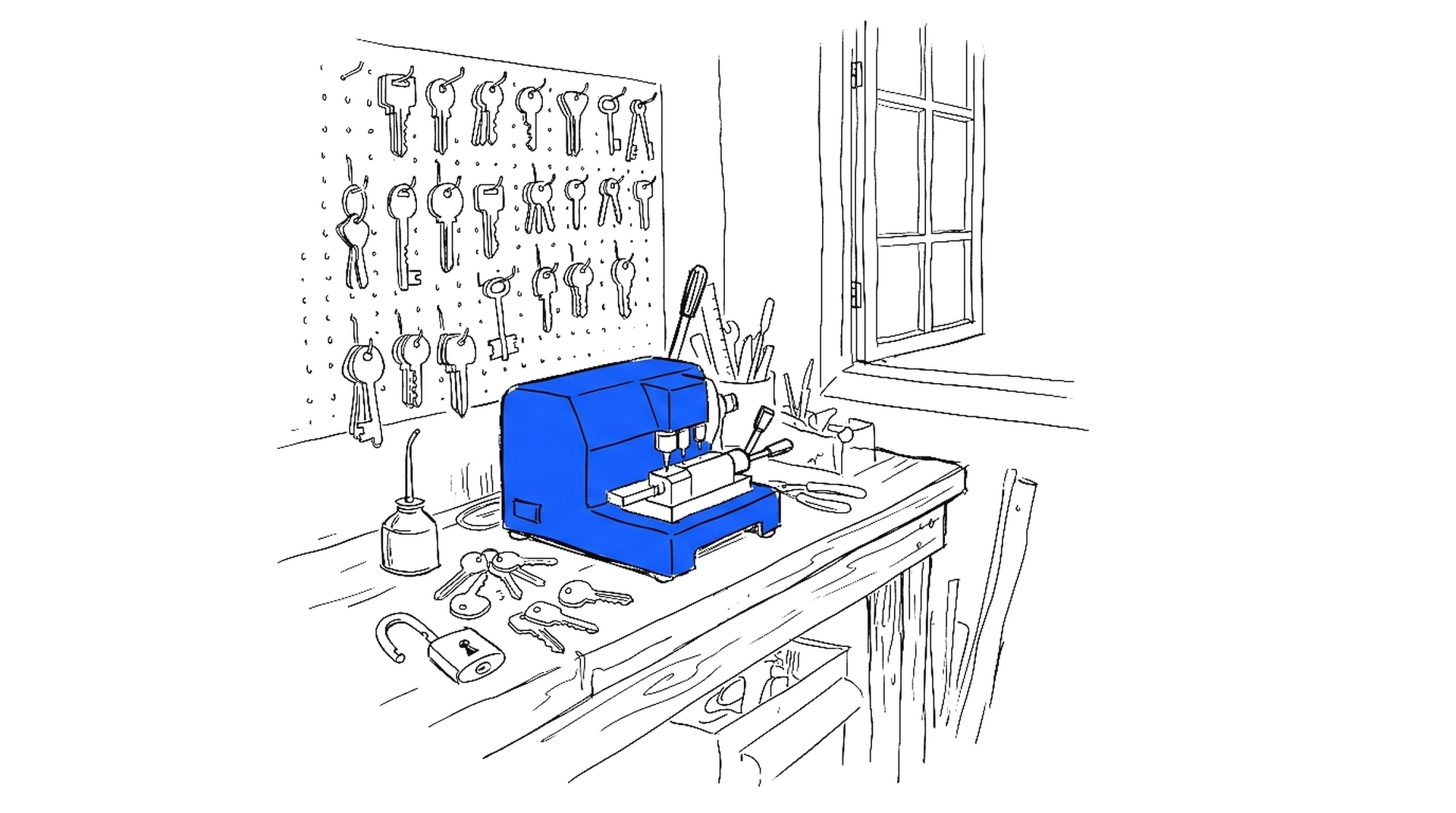 Illustration einer Schlüsselwerkstatt mit Schlüsselfräse, Rohlingen an der Wand und offenem Vorhängeschloss, kinewsletter.ch Stil