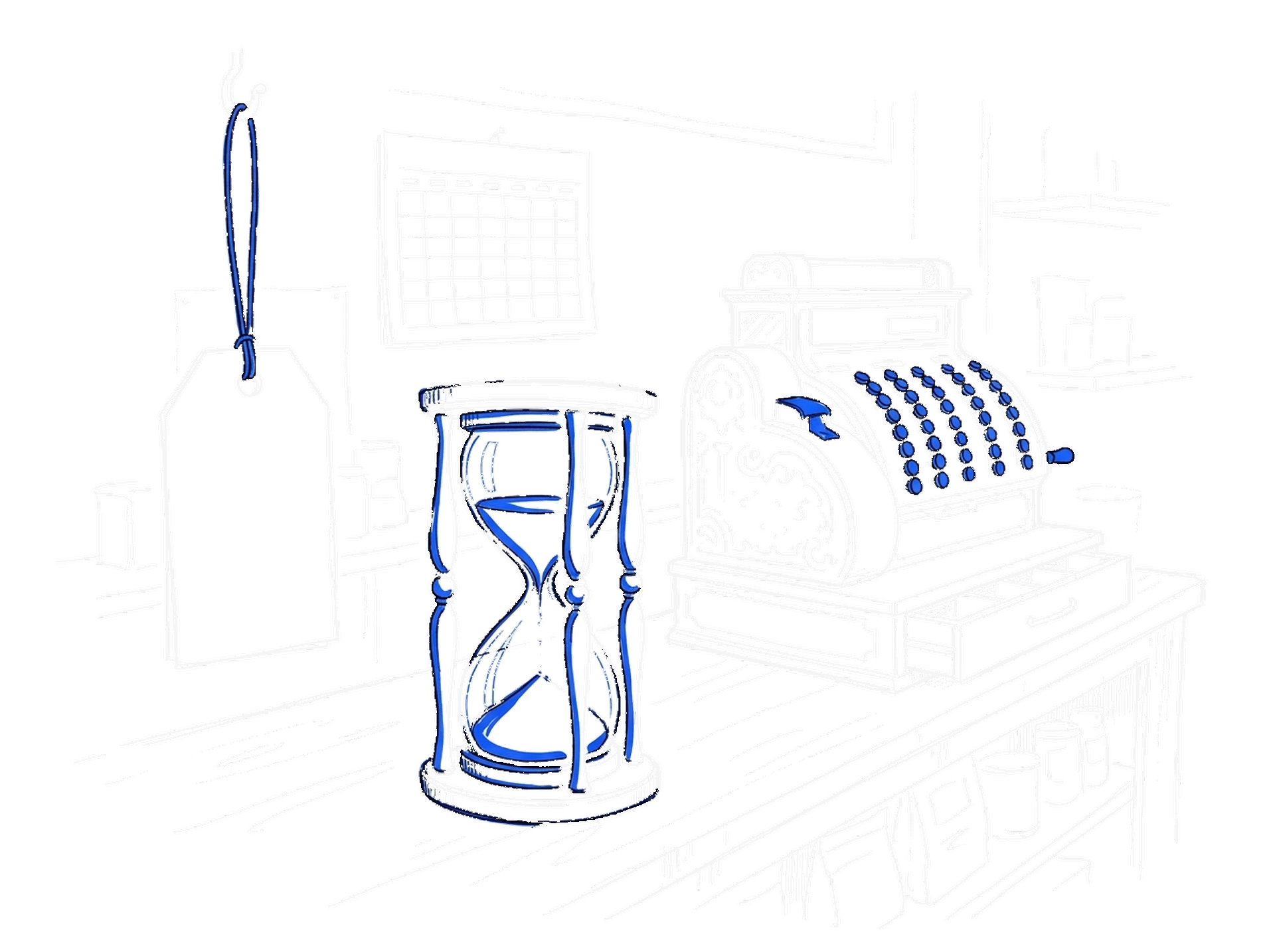 Handgezeichnete Skizze eines Ladentischs mit Sanduhr, hängendem Preisschild, alter Registrierkasse und Wandkalender, Akzente in Blau