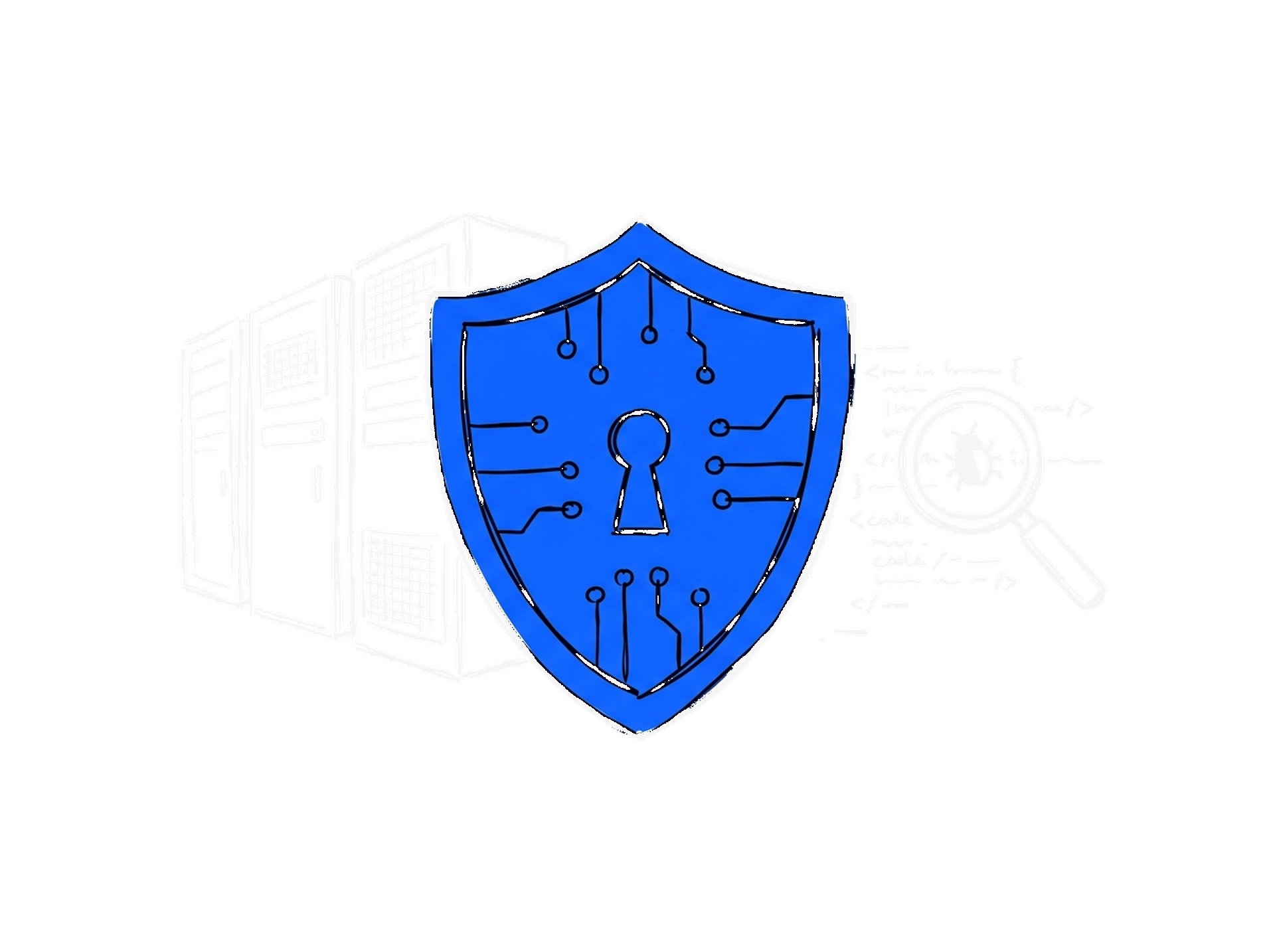 Handgezeichnete Skizze eines grossen blauen Schilds mit Schlüsselloch und Schaltkreisen vor Server-Racks, daneben eine Lupe über Code mit einem Käfer