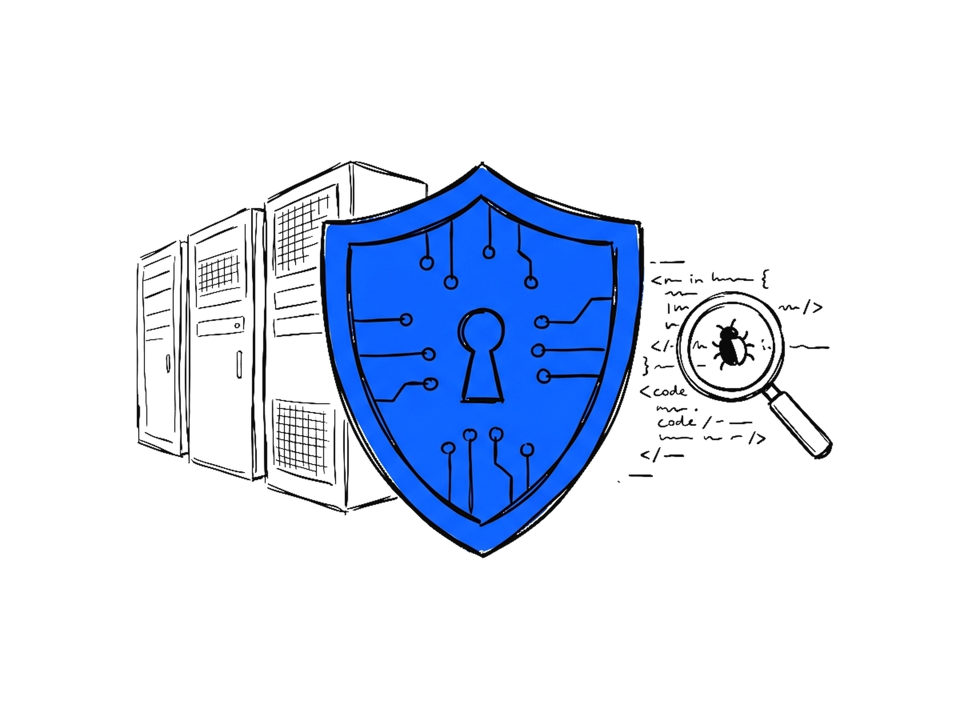 Handgezeichnete Skizze eines grossen blauen Schilds mit Schlüsselloch und Schaltkreisen vor Server-Racks, daneben eine Lupe über Code mit einem Käfer