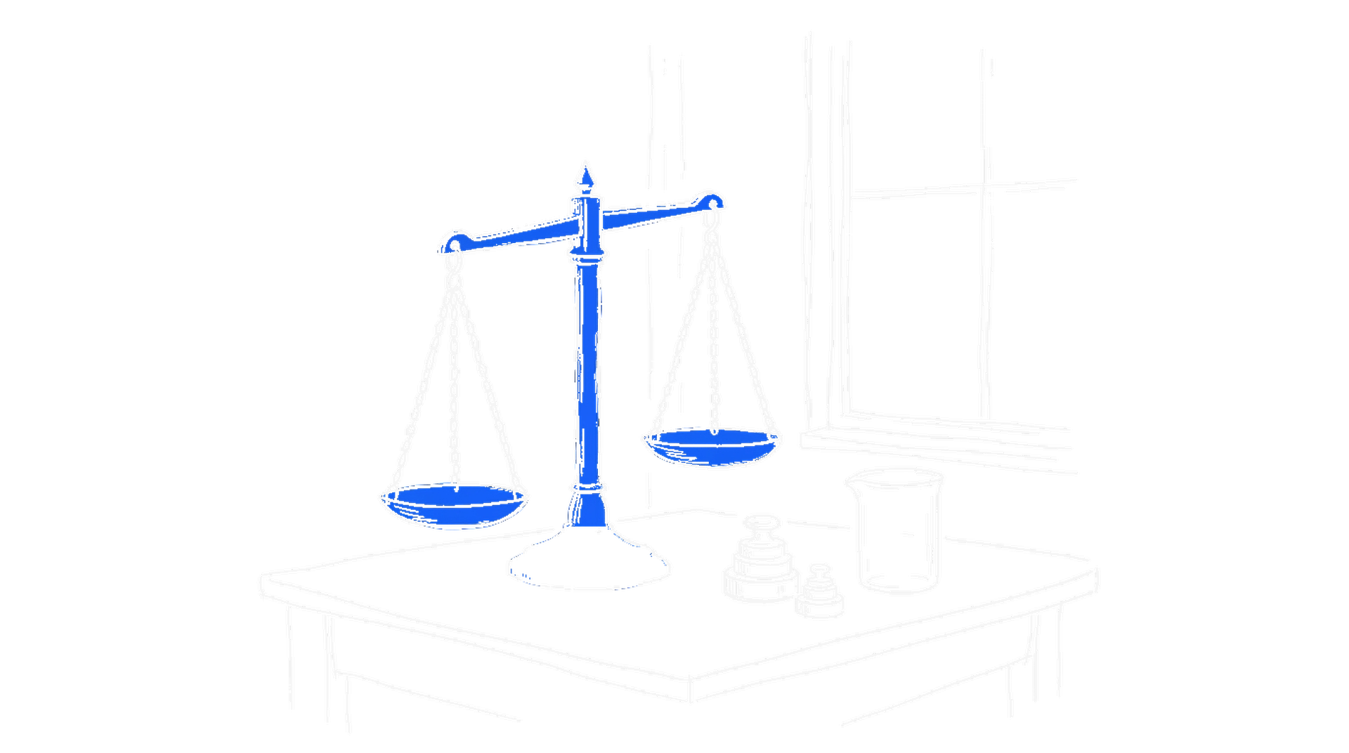 Illustration einer Balkenwaage mit Gewichten und Messbecher auf einem Holztisch, kinewsletter.ch Stil