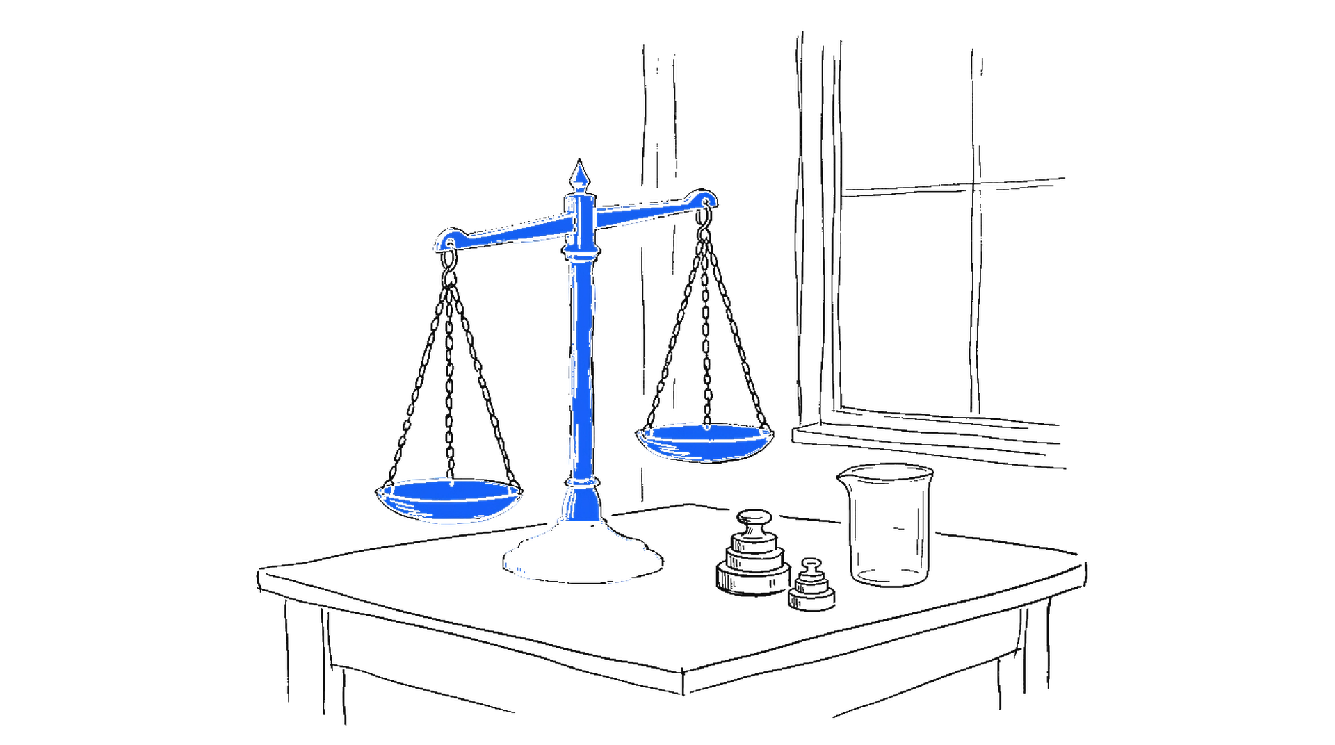 Illustration einer Balkenwaage mit Gewichten und Messbecher auf einem Holztisch, kinewsletter.ch Stil