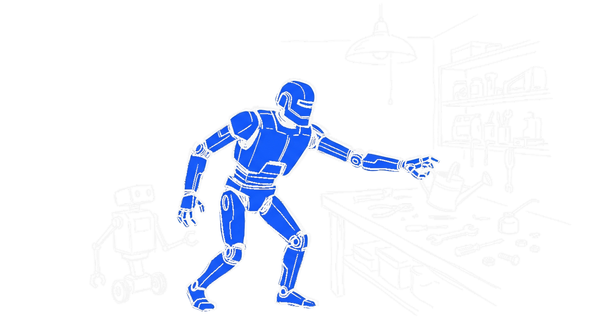 Illustration eines blauen humanoiden Roboters, der nach einer Giesskanne greift, daneben ein kleiner Zweiarm-Roboter, kinewsletter.ch Stil