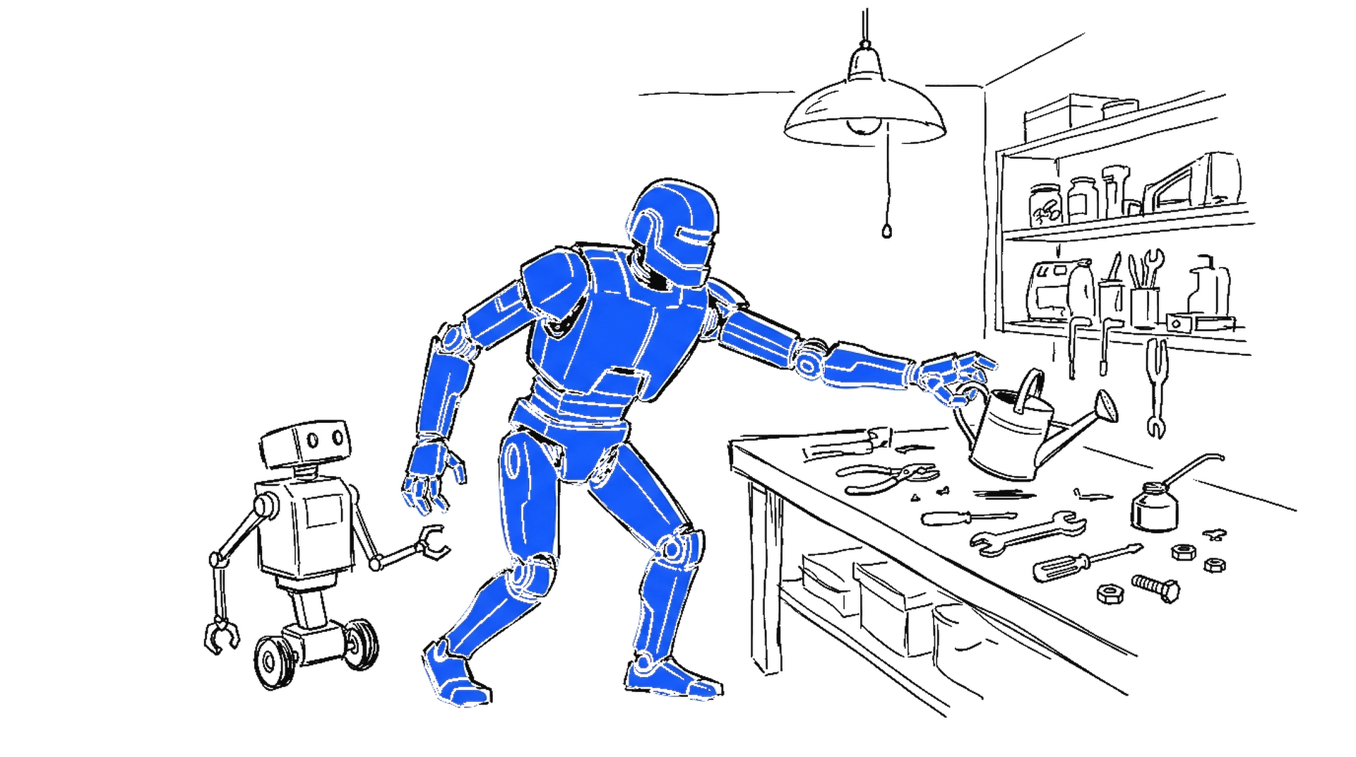 Illustration eines blauen humanoiden Roboters, der nach einer Giesskanne greift, daneben ein kleiner Zweiarm-Roboter, kinewsletter.ch Stil