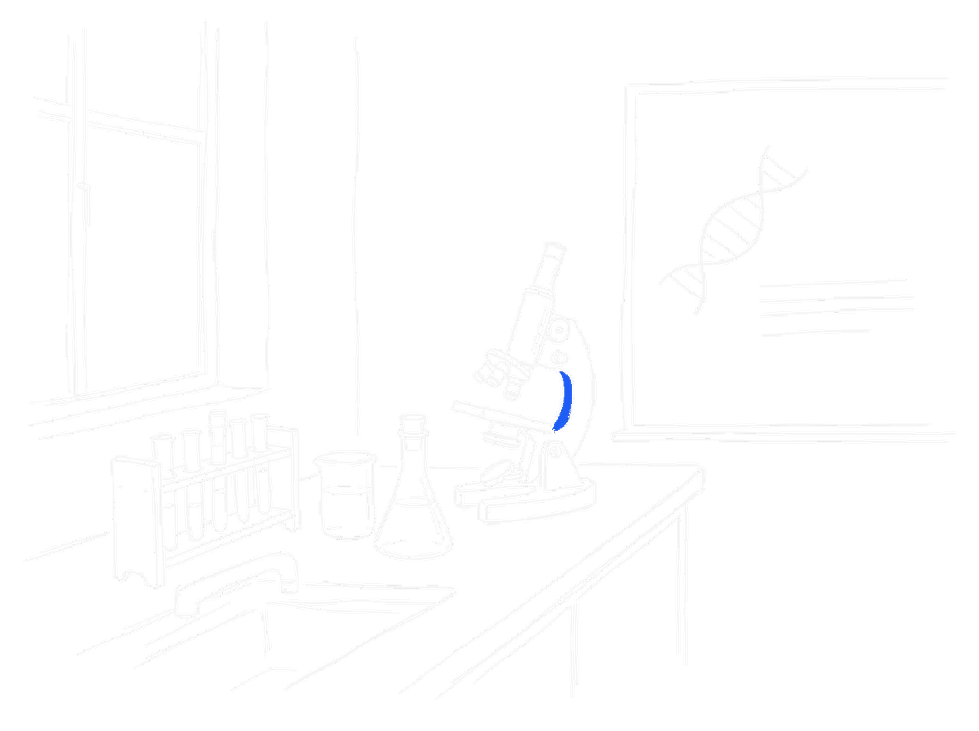 Handgezeichnete Skizze einer Laborbank mit Mikroskop, Reagenzglasstaender und Whiteboard mit DNA-Doppelhelix, elektroblauer Akzent (Dark Mode)