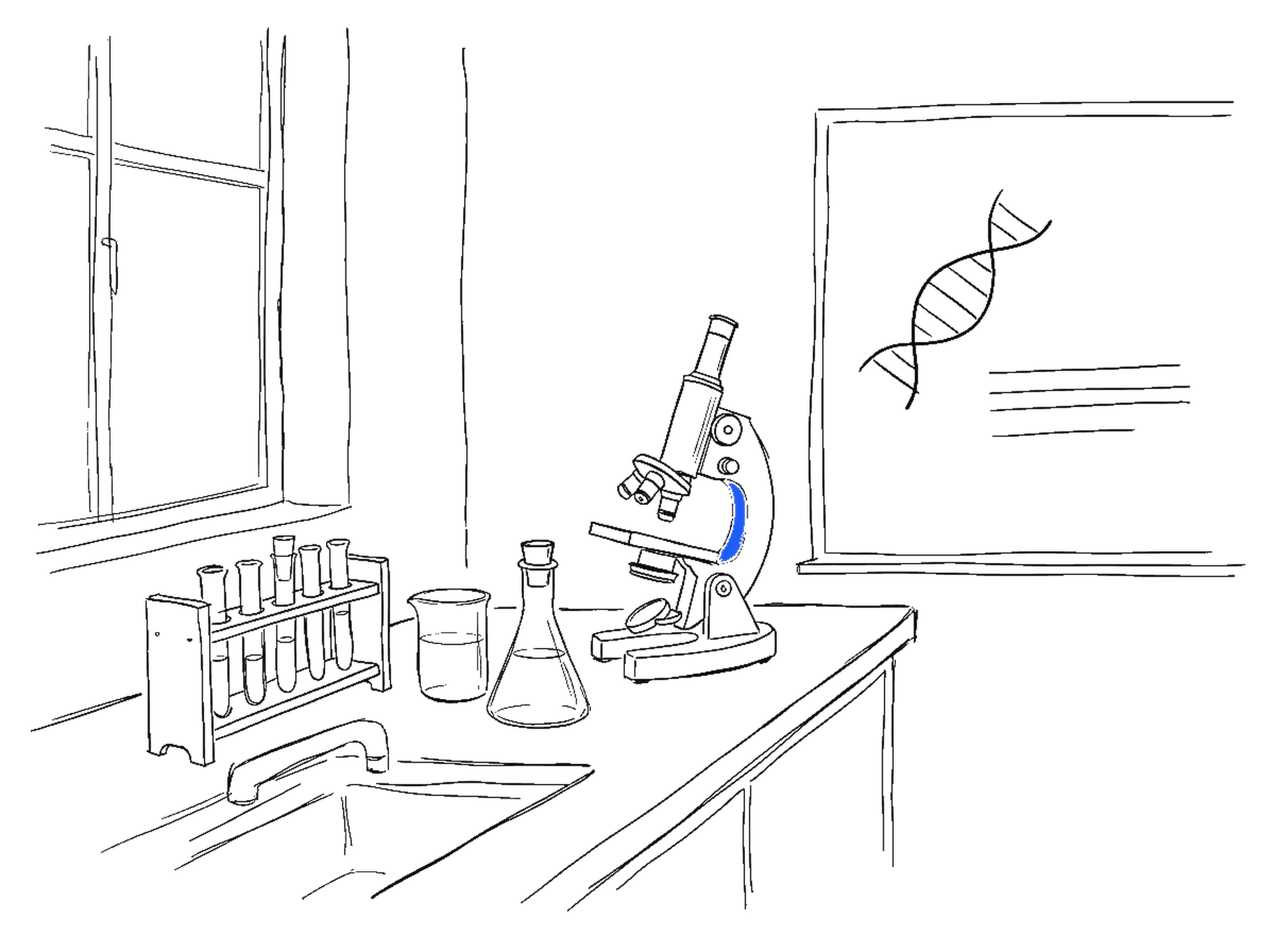 Handgezeichnete Skizze einer Laborbank mit Mikroskop, Reagenzglasstaender und Whiteboard mit DNA-Doppelhelix, elektroblauer Akzent