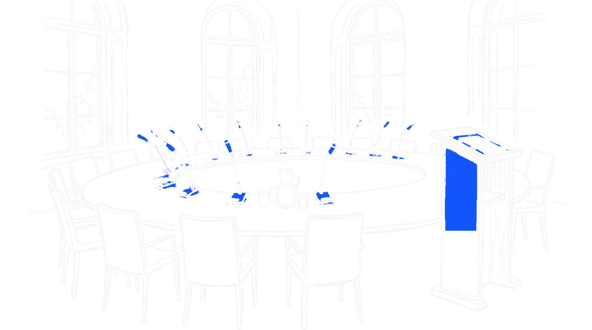 Illustration eines leeren runden Konferenztisches mit Mikrofonen und Rednerpult, kinewsletter.ch Stil