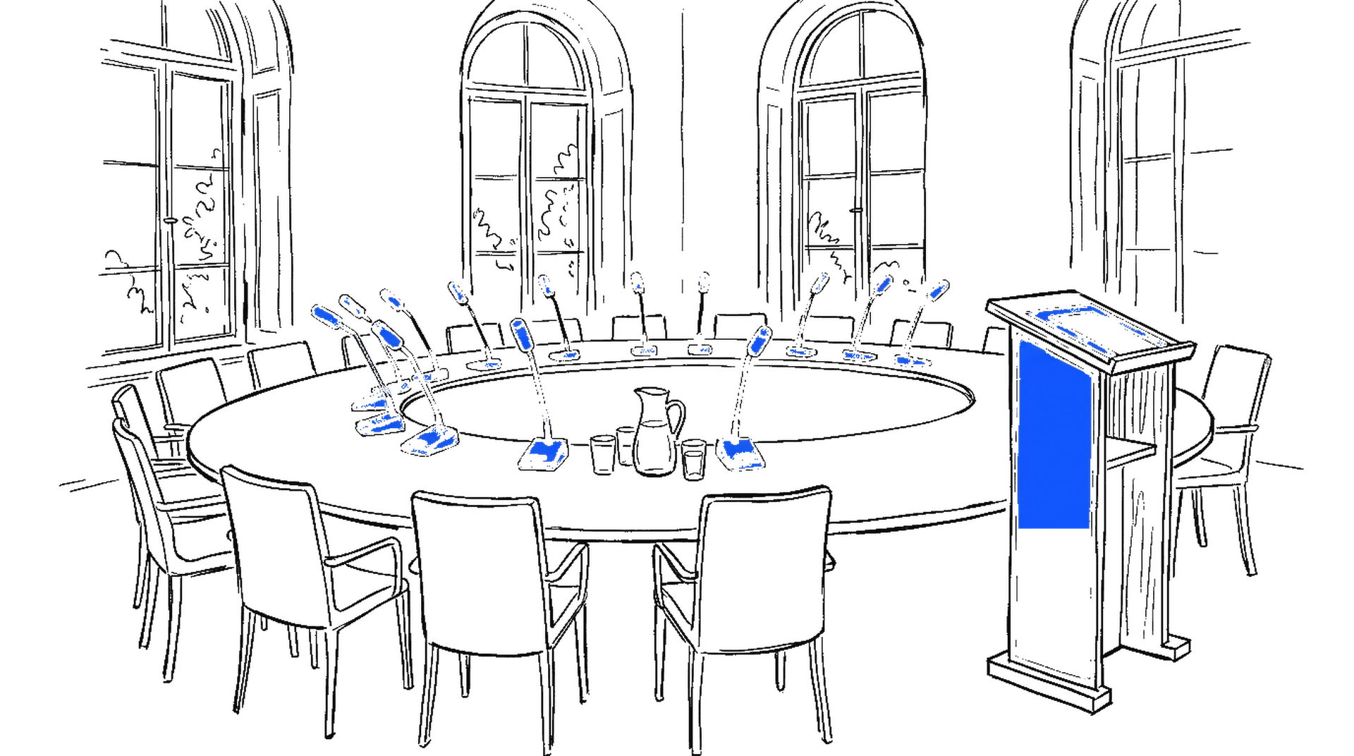 Illustration eines leeren runden Konferenztisches mit Mikrofonen und Rednerpult, kinewsletter.ch Stil