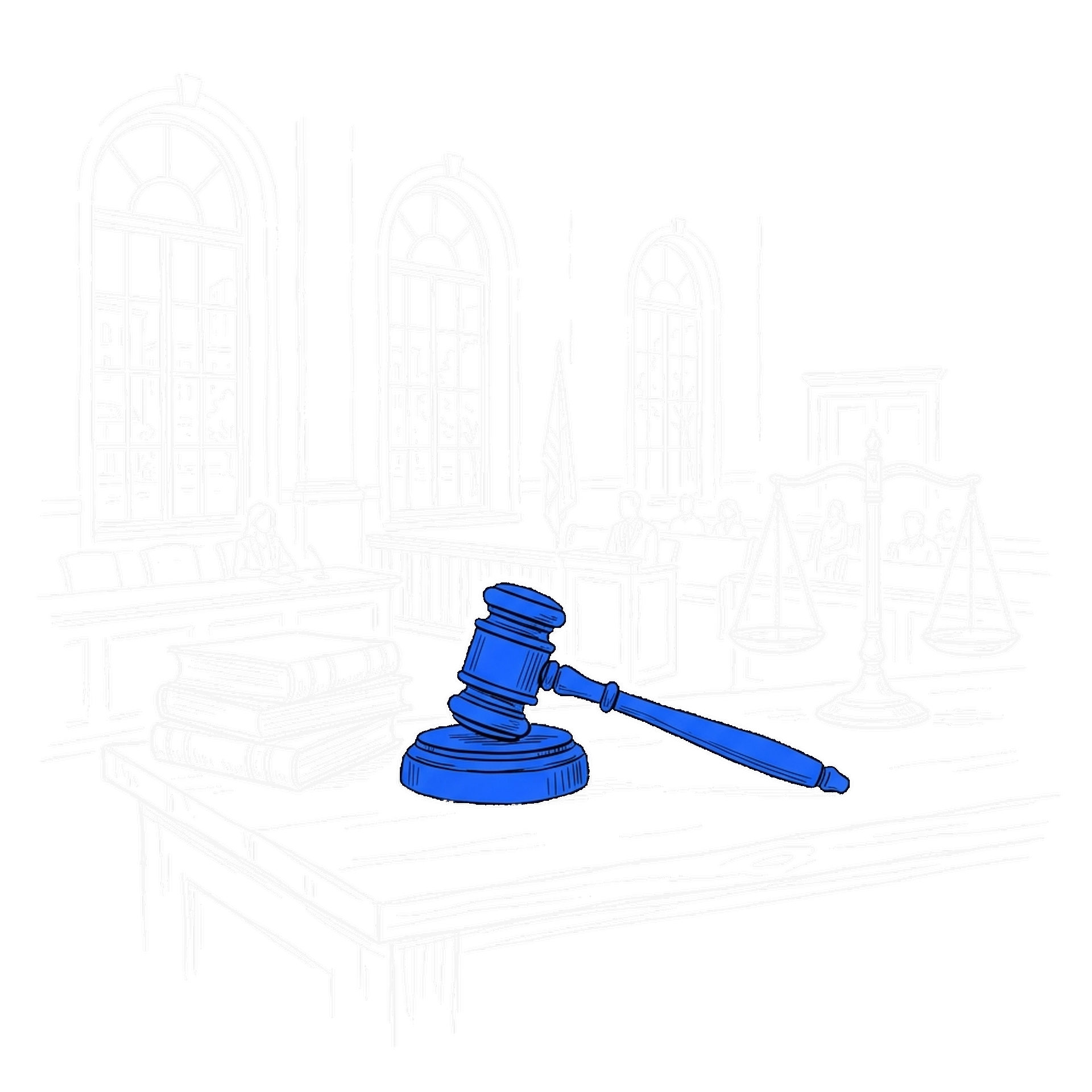 Illustration eines Gerichtssaals mit Richterhammer, Gesetzbüchern und Waage der Justitia, kinewsletter.ch Stil