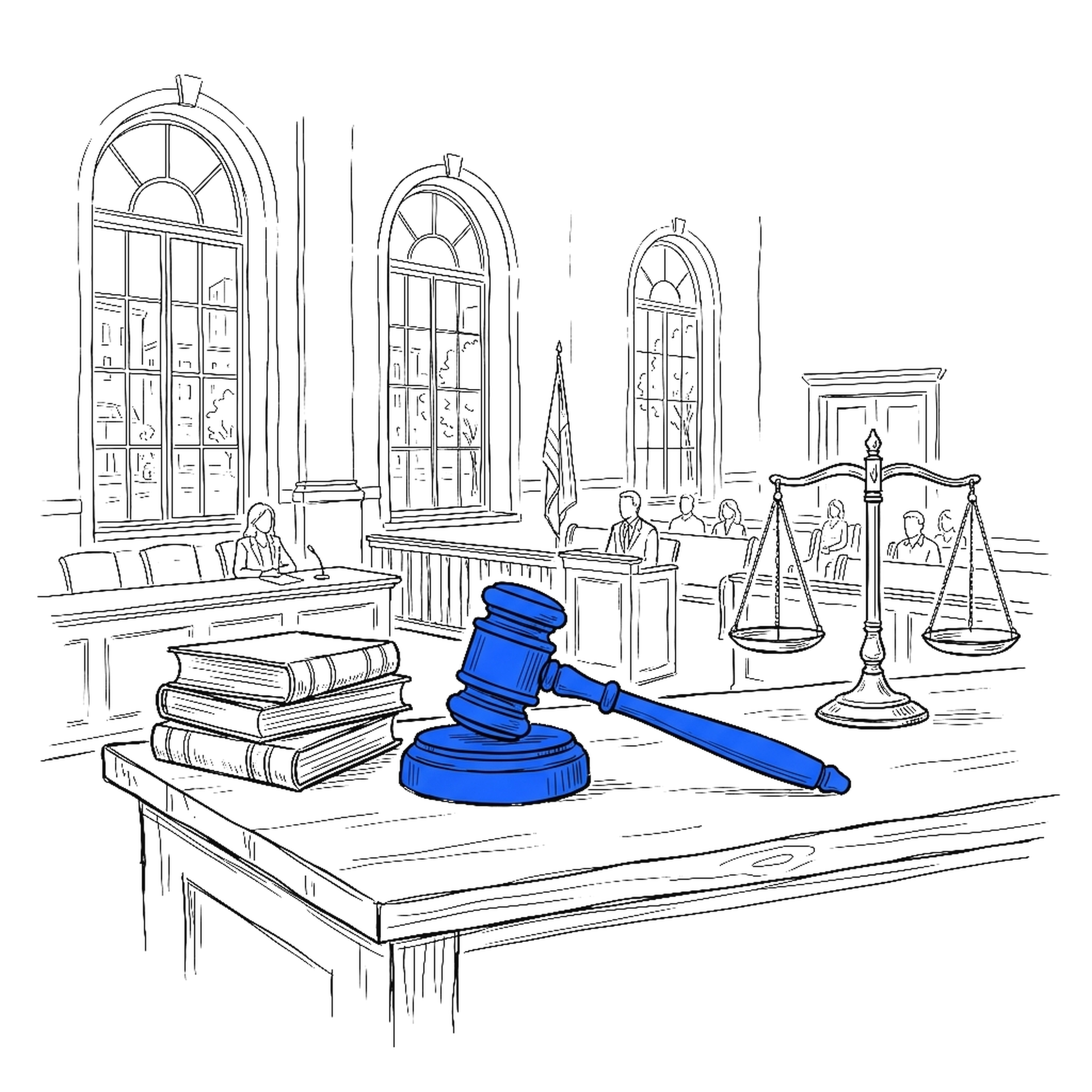 Illustration eines Gerichtssaals mit Richterhammer, Gesetzbüchern und Waage der Justitia, kinewsletter.ch Stil