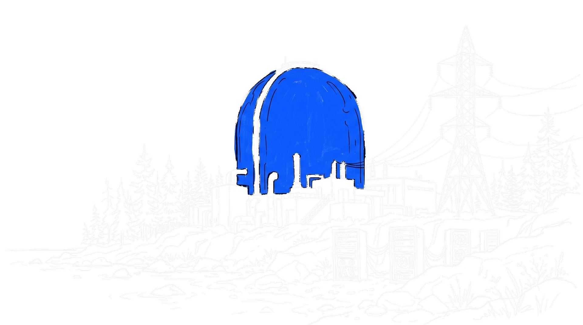 Illustration eines Kernkraftwerks an der Küste mit Strommast und Serverracks, kinewsletter.ch Stil