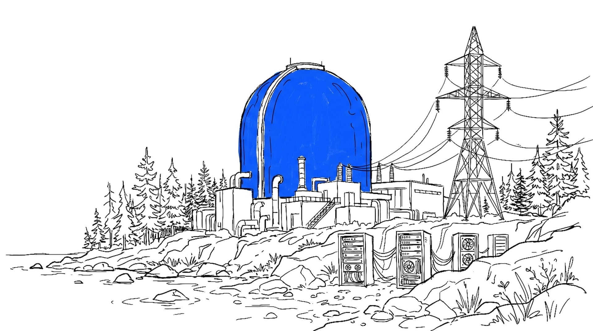 Illustration eines Kernkraftwerks an der Küste mit Strommast und Serverracks, kinewsletter.ch Stil