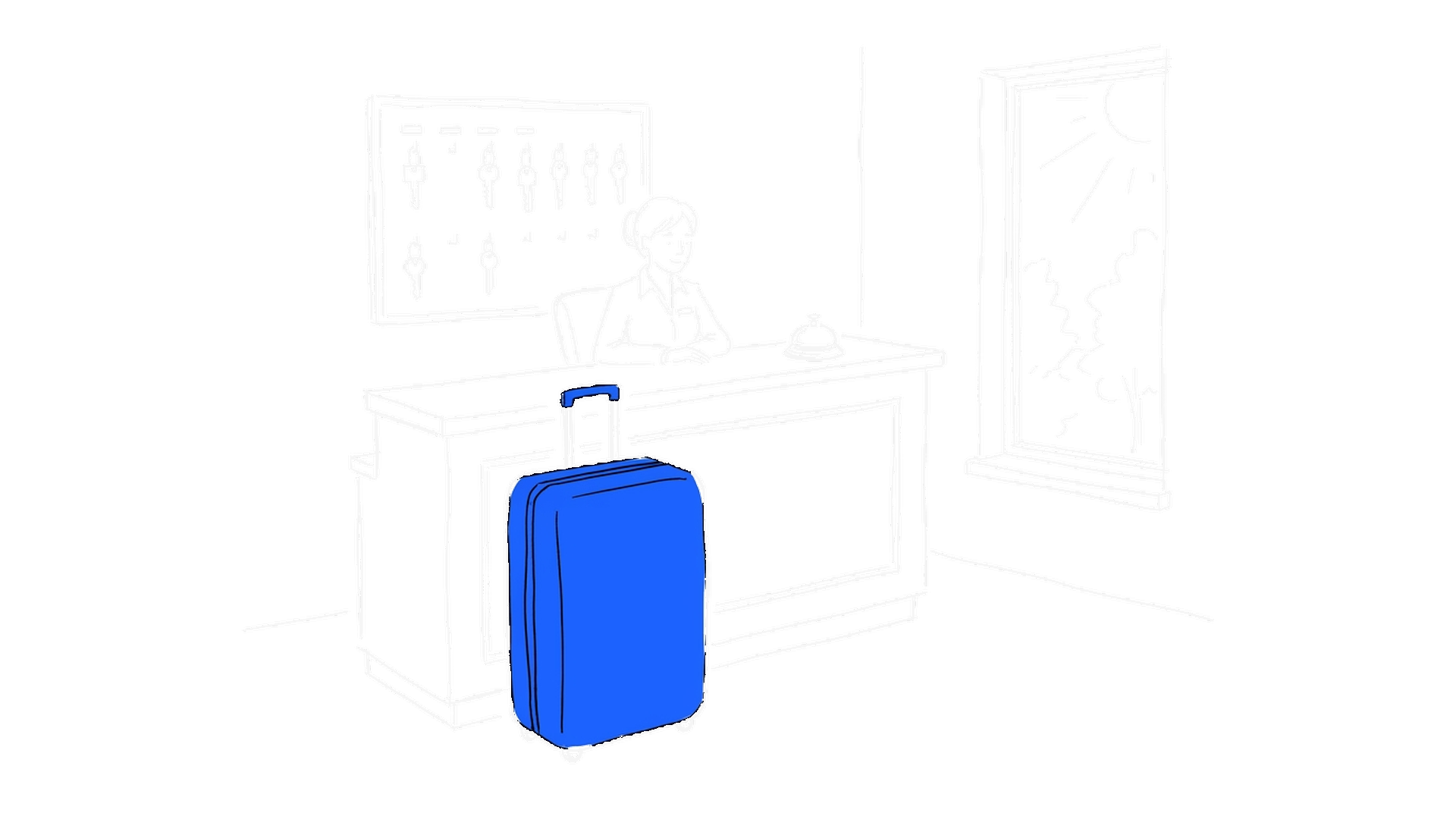Illustration einer Hotelrezeption mit Schlüsselbrett, Servicerglocke und Koffer, kinewsletter.ch Stil