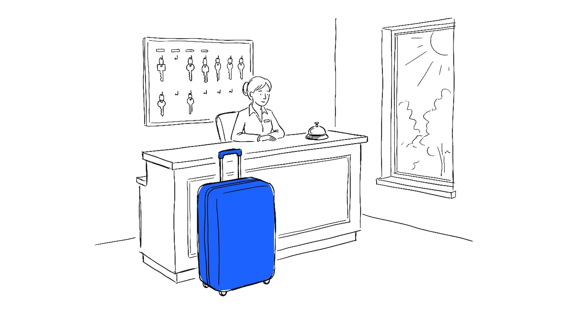 Illustration einer Hotelrezeption mit Schlüsselbrett, Servicerglocke und Koffer, kinewsletter.ch Stil