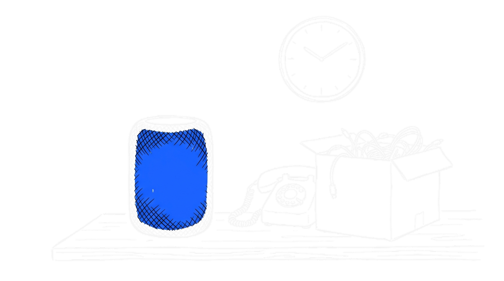 Illustration eines alten Wählscheiben-Telefons neben einem modernen Smart Speaker und einer Umzugskiste, kinewsletter.ch Stil