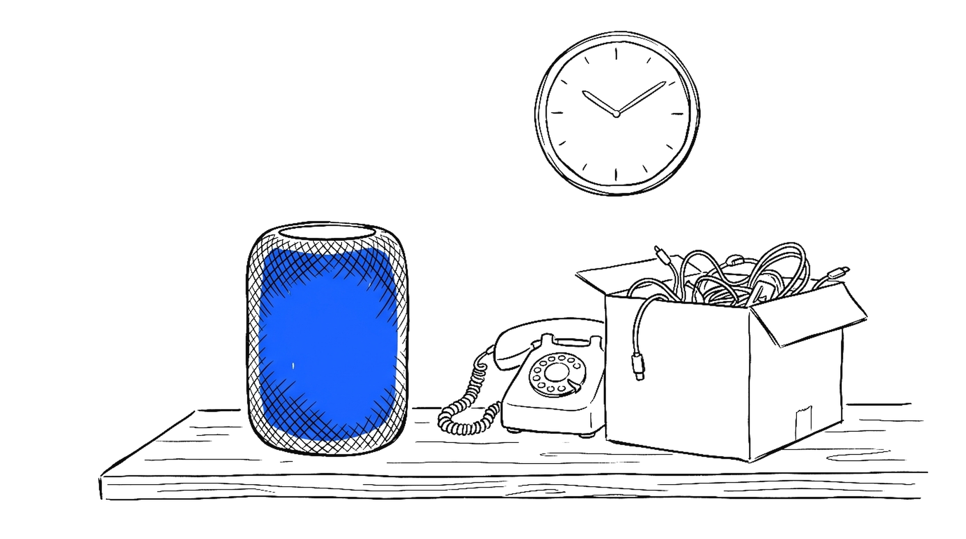 Illustration eines alten Wählscheiben-Telefons neben einem modernen Smart Speaker und einer Umzugskiste, kinewsletter.ch Stil