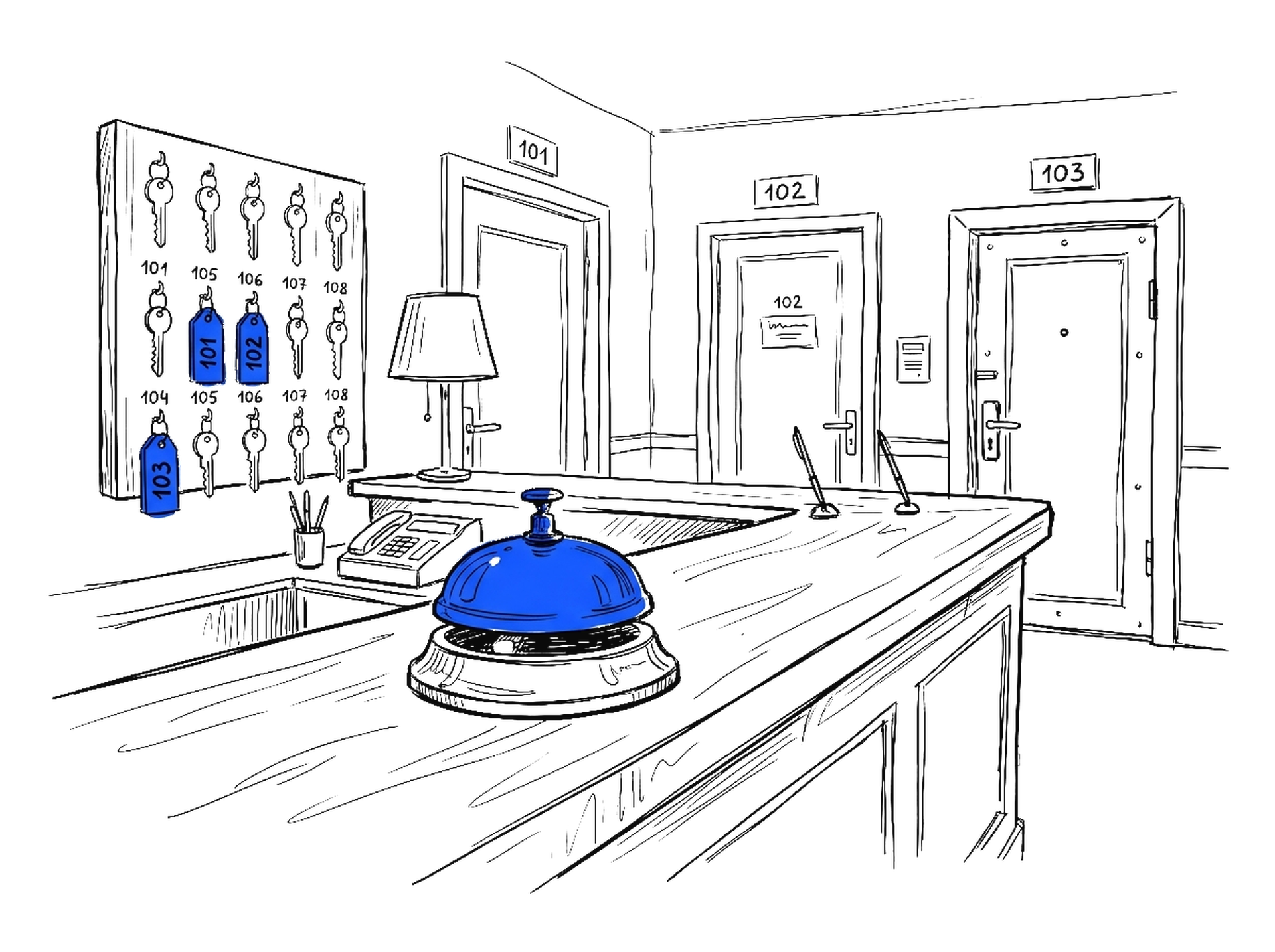Handgezeichnete Skizze eines Empfangstresens mit grosser Messingklingel und drei Türen im Hintergrund, an einer Tafel hängen drei Schlüssel; Klingel und Schlüssel leuchten in Blau