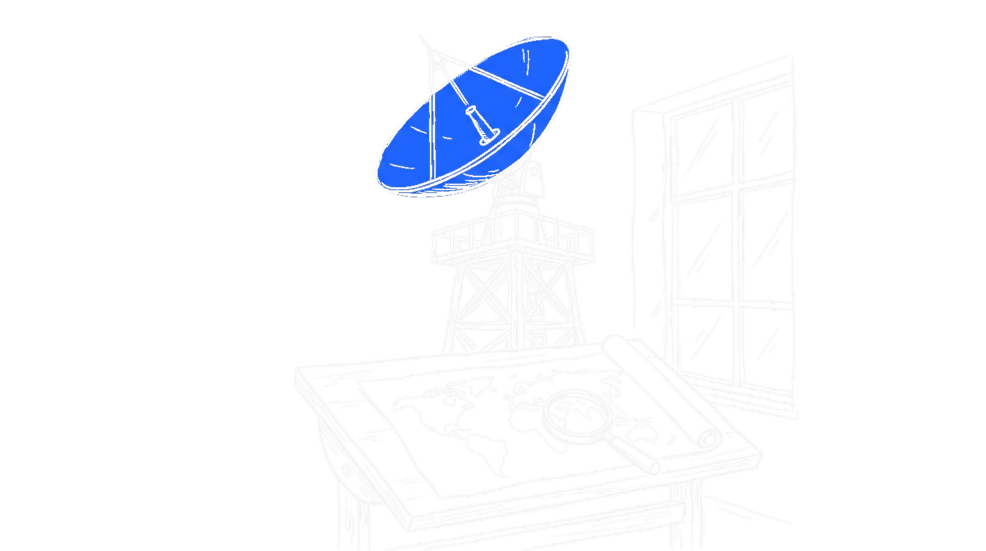 Illustration einer elektroblauen Satellitenschüssel auf einem Turm, darunter eine ausgerollte Weltkarte mit Lupe, kinewsletter.ch Stil