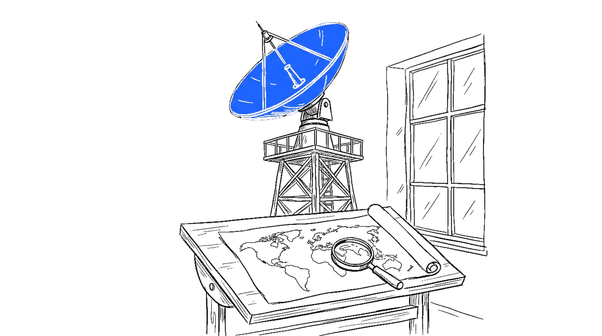 Illustration einer elektroblauen Satellitenschüssel auf einem Turm, darunter eine ausgerollte Weltkarte mit Lupe, kinewsletter.ch Stil