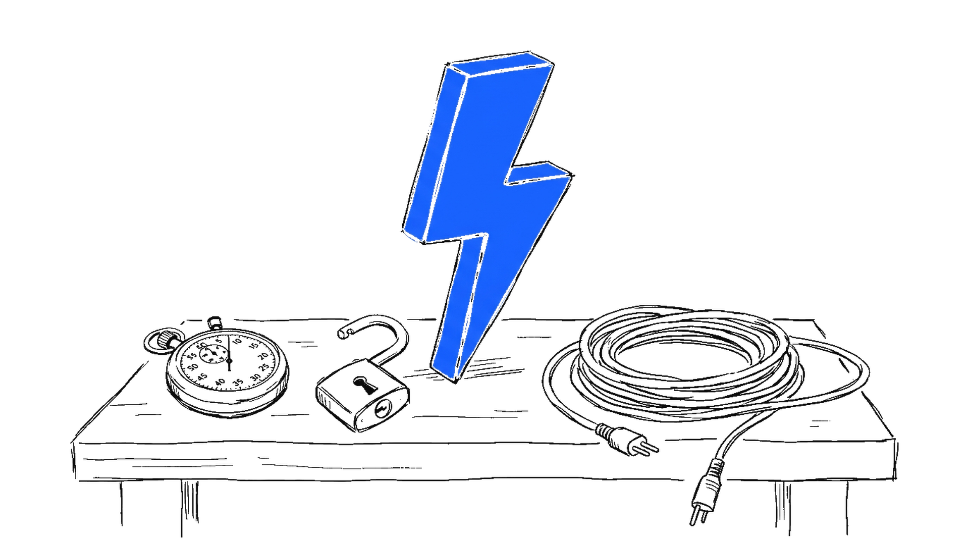 Illustration eines blauen Blitzes mit Stoppuhr und Schloss, kinewsletter.ch Stil