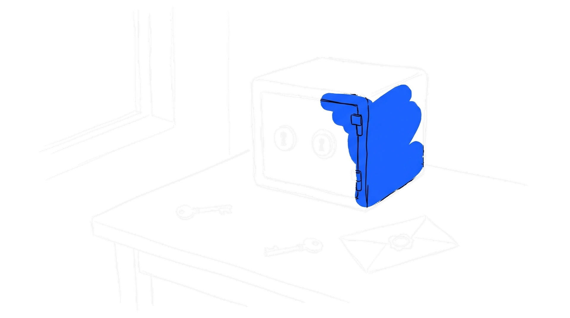 Illustration eines Tresors mit zwei Schlüssellöchern, zwei getrennt liegenden Schlüsseln und einem versiegelten Umschlag, kinewsletter.ch Stil