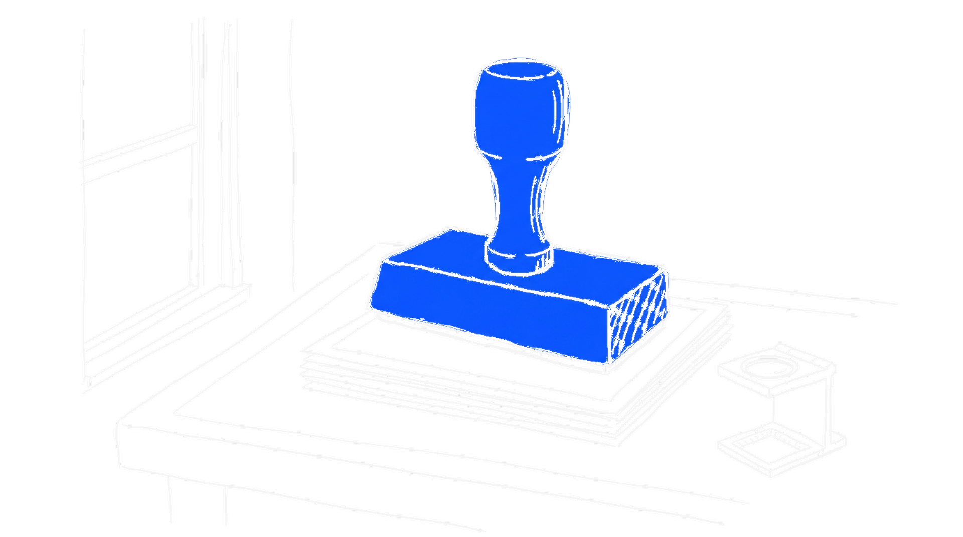Illustration eines blauen Stempels auf einem Fotostapel mit Lupe am Fenster, kinewsletter.ch Stil