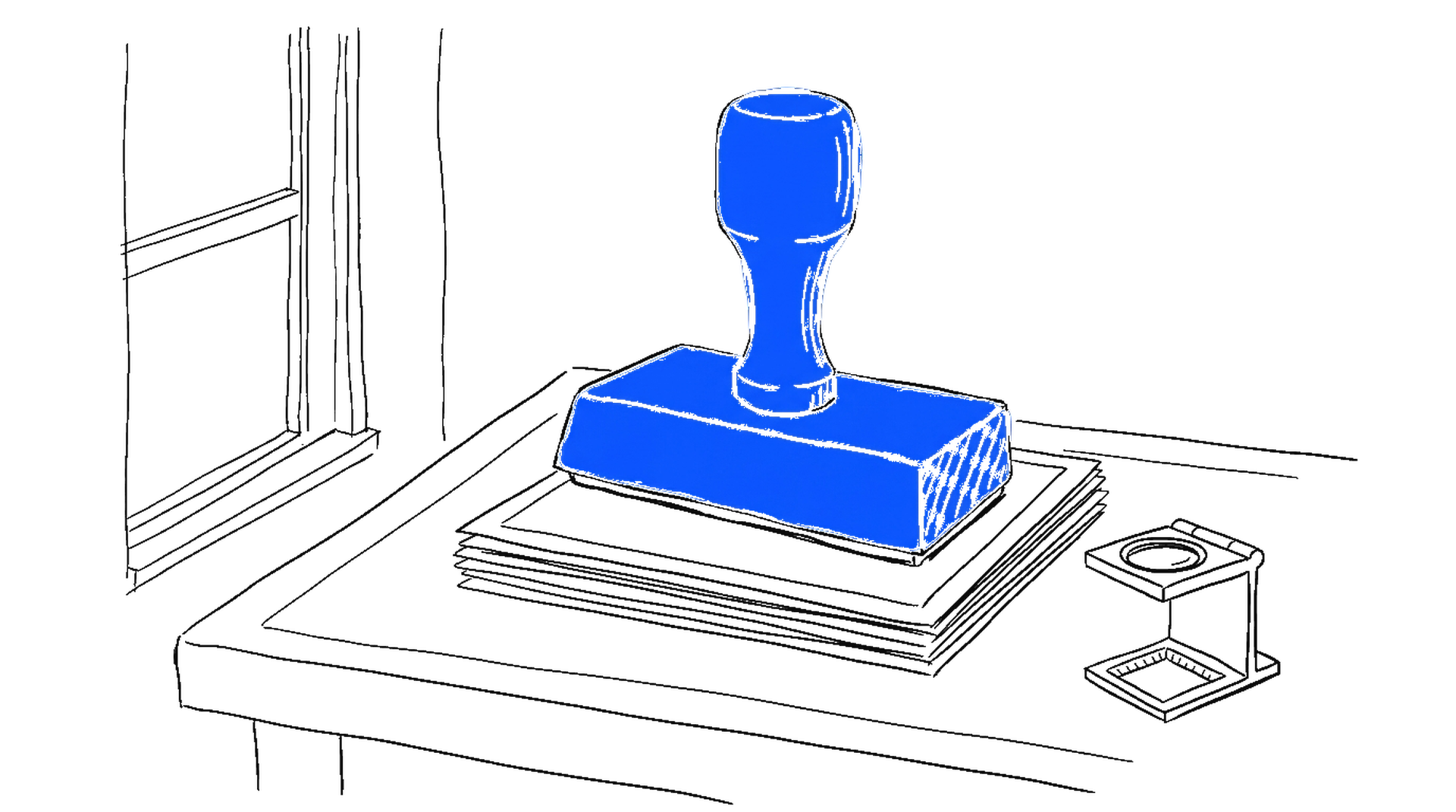 Illustration eines blauen Stempels auf einem Fotostapel mit Lupe am Fenster, kinewsletter.ch Stil