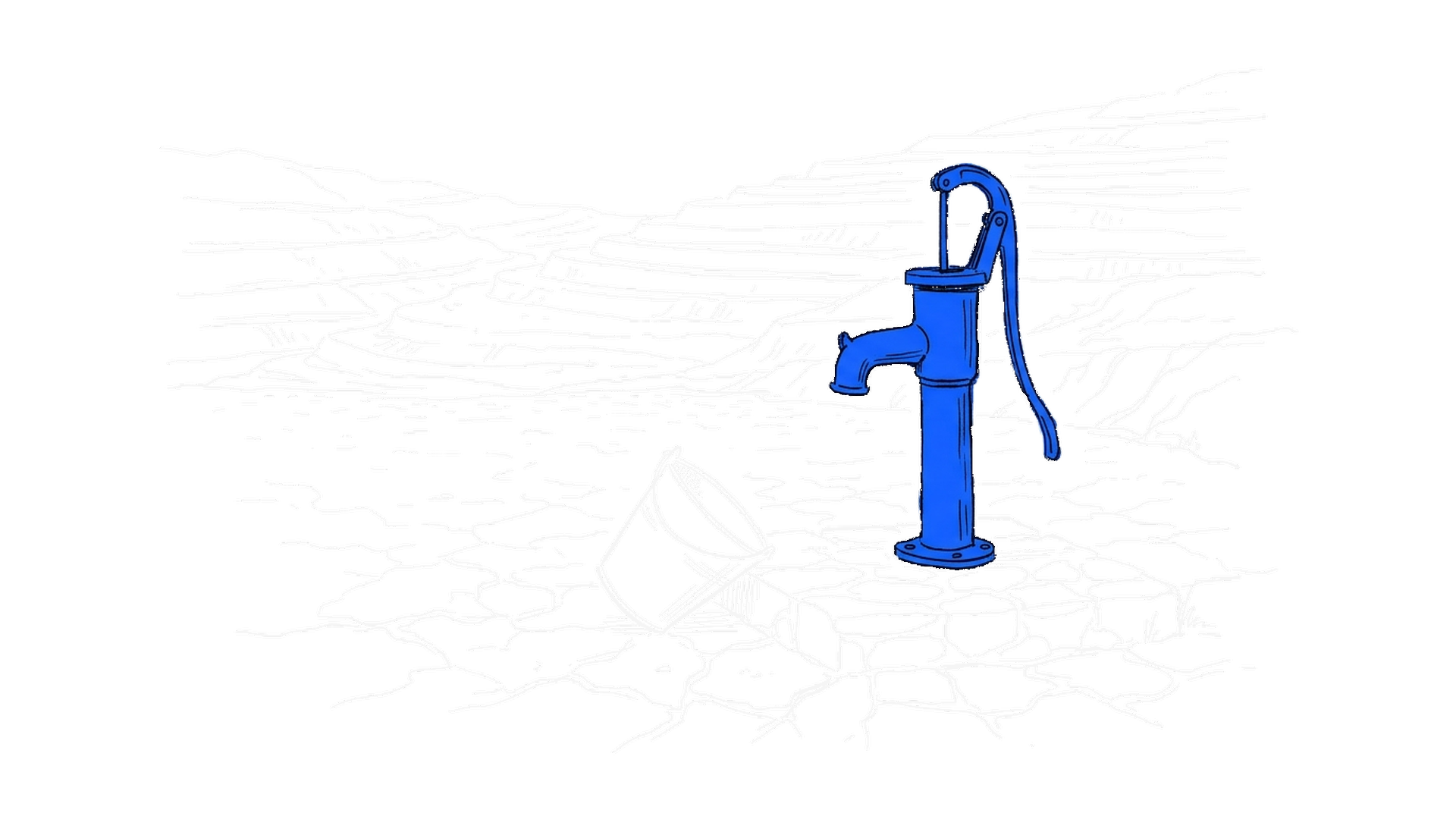 Illustration einer elektroblauen Handwasserpumpe neben einem umgekippten Eimer vor einem abgetragenen Terrassenhang, kinewsletter.ch Stil