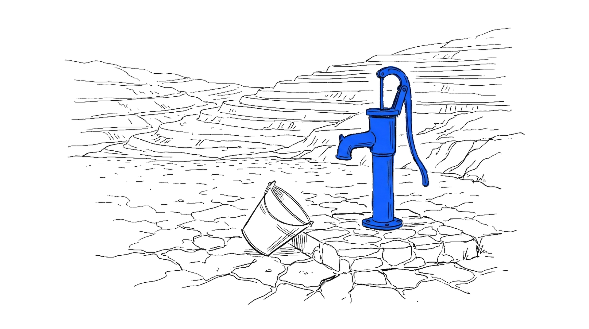 Illustration einer elektroblauen Handwasserpumpe neben einem umgekippten Eimer vor einem abgetragenen Terrassenhang, kinewsletter.ch Stil